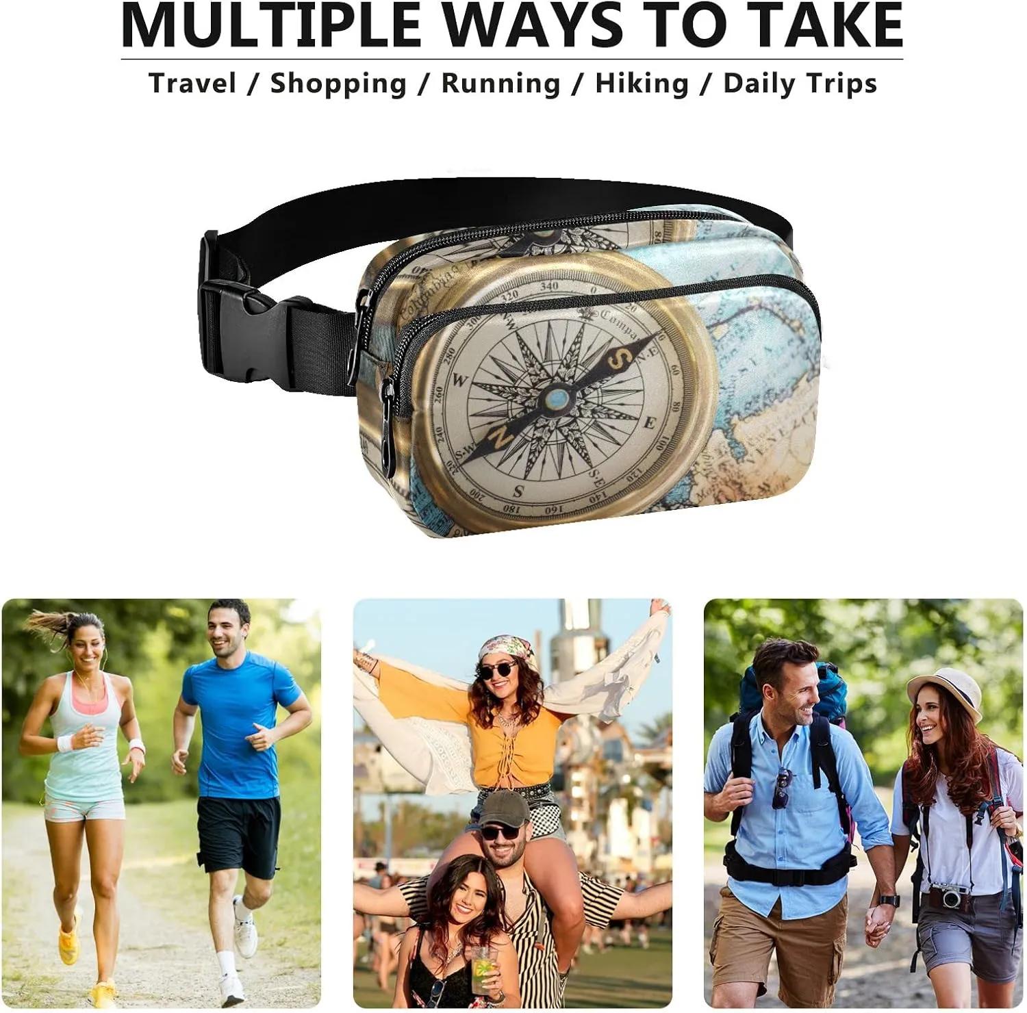 Oyihfvs Old Retro Compass on Old Map Travel Geography Navigation Adjustable Fanny Waist Pack Pouch, Waterproof Runners Sports Waist Pack Wallet for Sports Hiking Fitness Cycling Gym Women Men