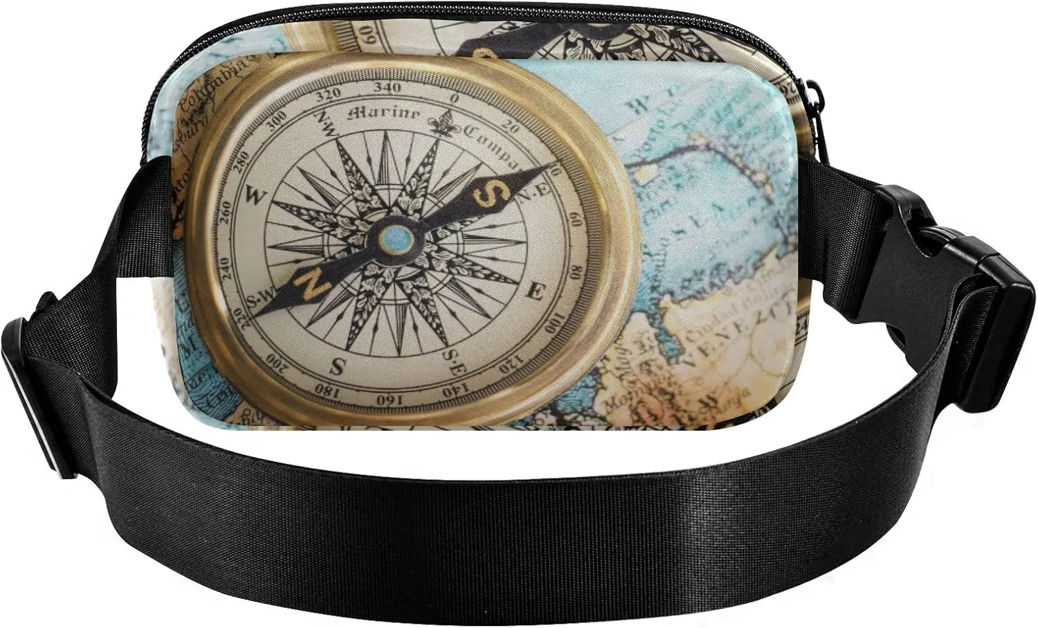 Oyihfvs Old Retro Compass on Old Map Travel Geography Navigation Adjustable Fanny Waist Pack Pouch, Waterproof Runners Sports Waist Pack Wallet for Sports Hiking Fitness Cycling Gym Women Men
