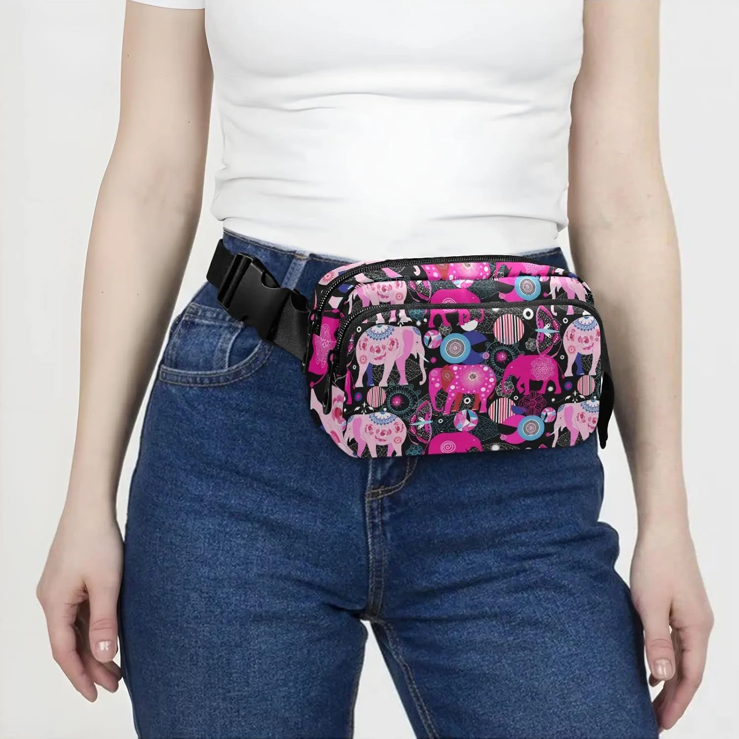 Oyihfvs Seamless Bright Colorful Pink Elephants Leaves Flowers on Dark Adjustable Fanny Waist Pack Pouch, Waterproof Runners Sports Waist Pack Wallet for Sports Hiking Fitness Cycling Gym Women Men