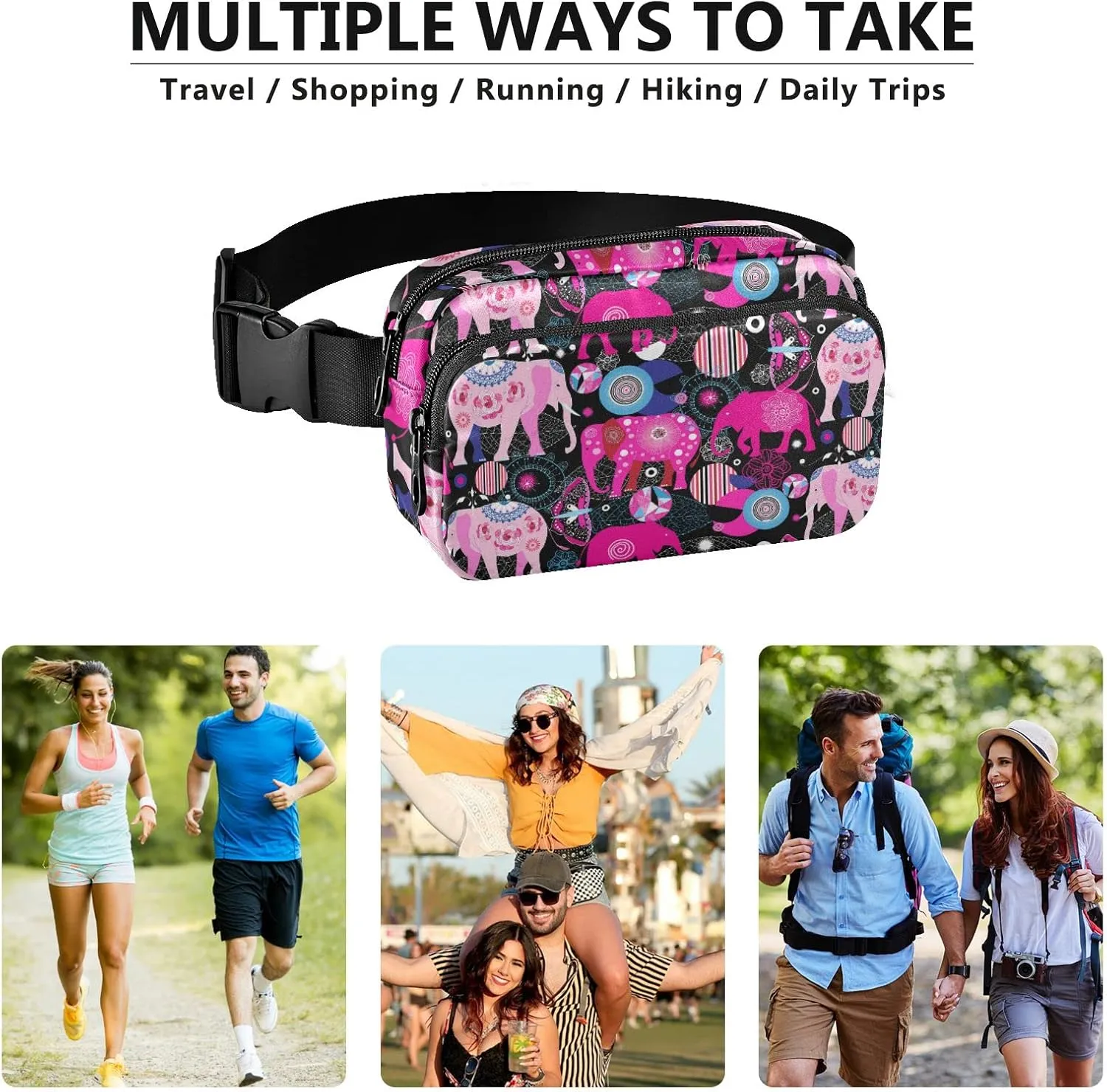 Oyihfvs Seamless Bright Colorful Pink Elephants Leaves Flowers on Dark Adjustable Fanny Waist Pack Pouch, Waterproof Runners Sports Waist Pack Wallet for Sports Hiking Fitness Cycling Gym Women Men