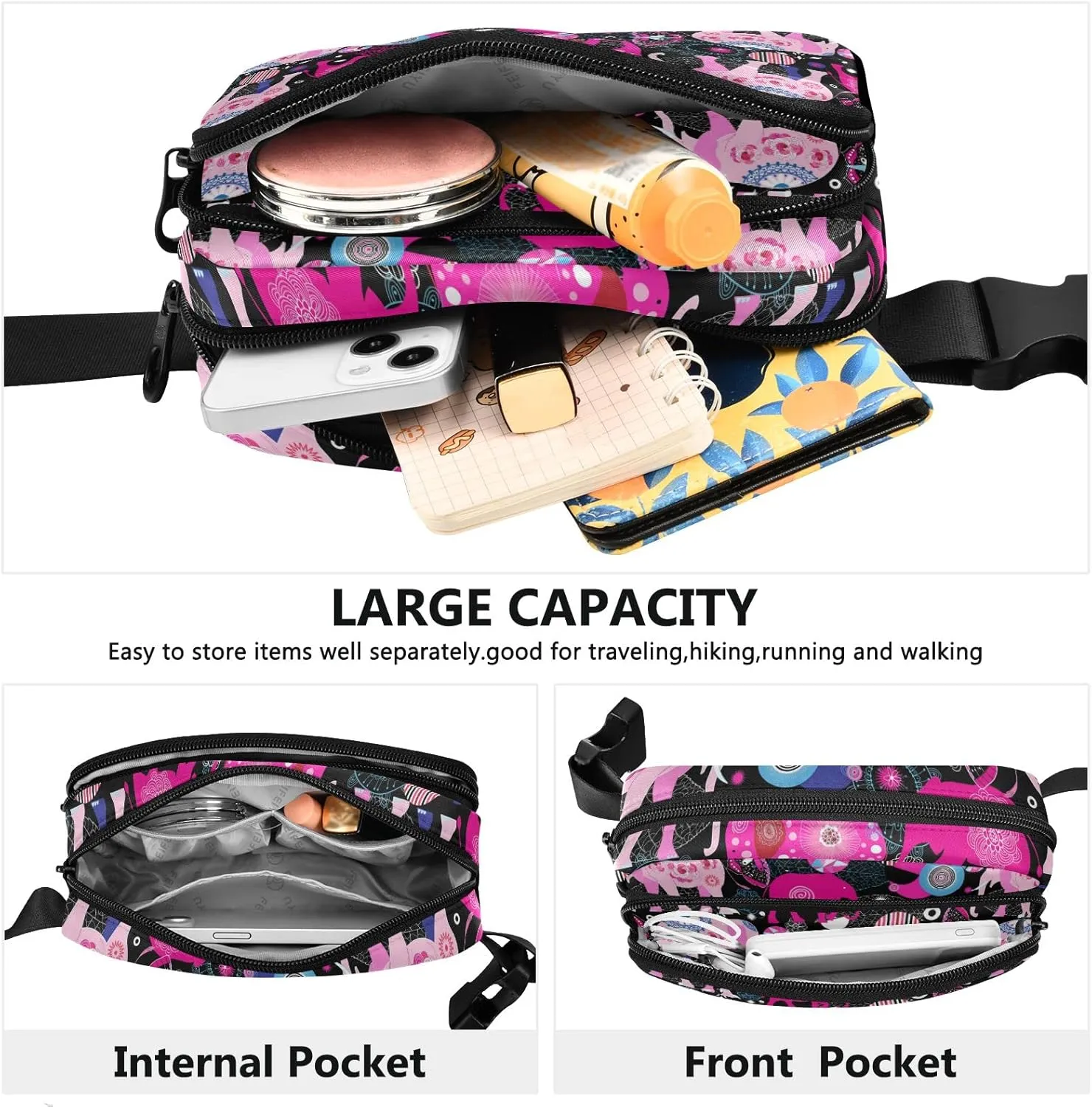 Oyihfvs Seamless Bright Colorful Pink Elephants Leaves Flowers on Dark Adjustable Fanny Waist Pack Pouch, Waterproof Runners Sports Waist Pack Wallet for Sports Hiking Fitness Cycling Gym Women Men