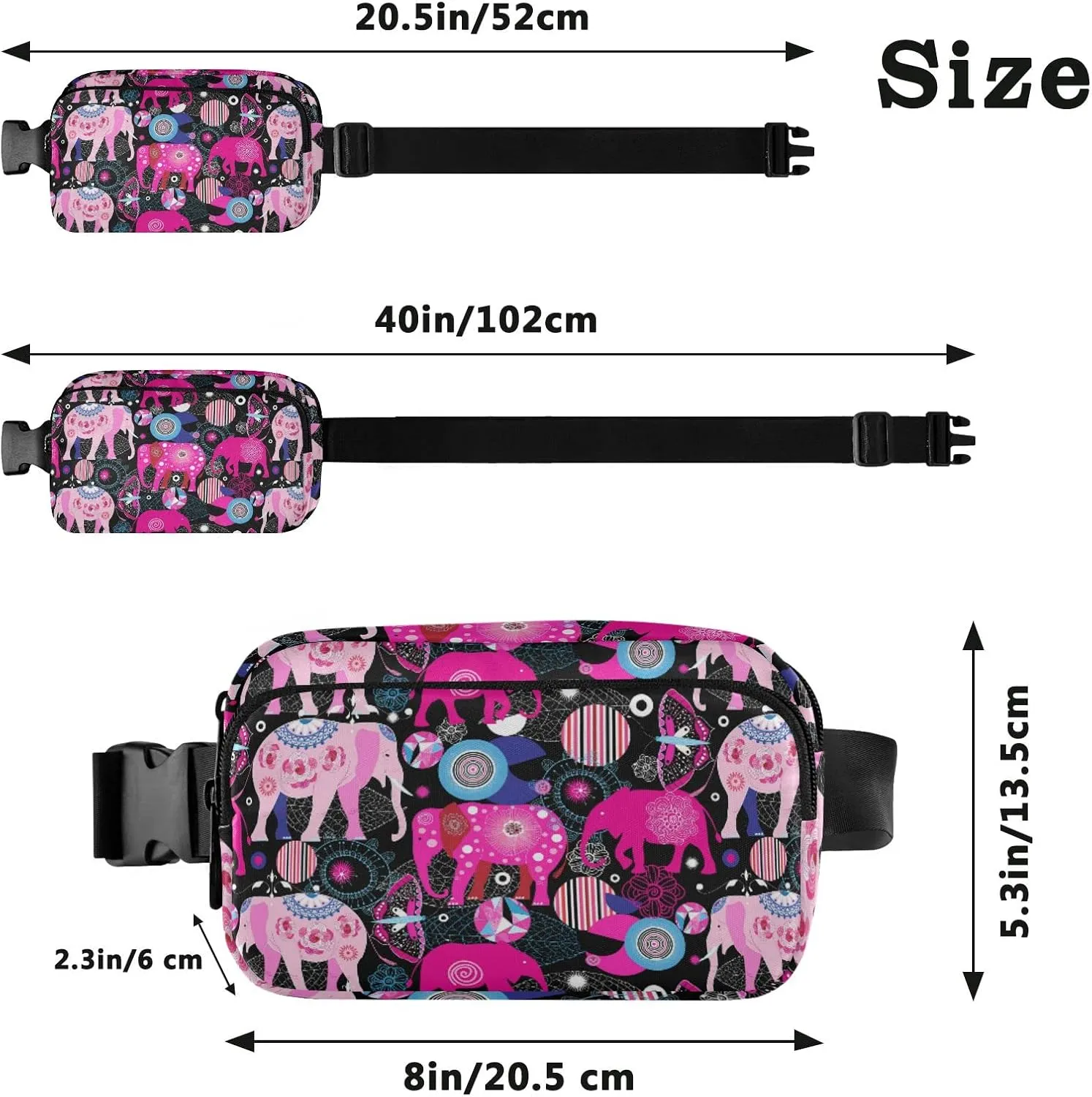 Oyihfvs Seamless Bright Colorful Pink Elephants Leaves Flowers on Dark Adjustable Fanny Waist Pack Pouch, Waterproof Runners Sports Waist Pack Wallet for Sports Hiking Fitness Cycling Gym Women Men