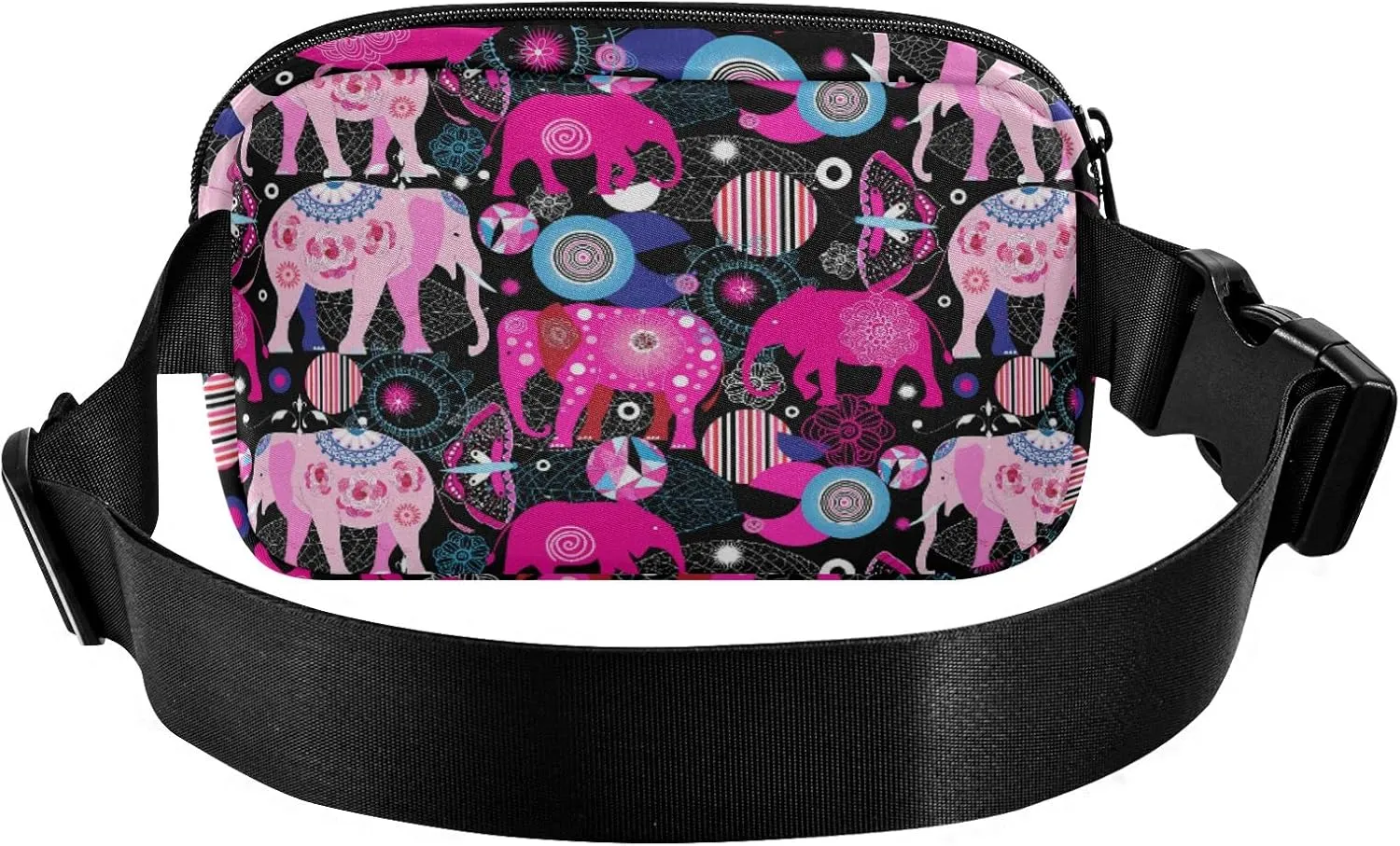 Oyihfvs Seamless Bright Colorful Pink Elephants Leaves Flowers on Dark Adjustable Fanny Waist Pack Pouch, Waterproof Runners Sports Waist Pack Wallet for Sports Hiking Fitness Cycling Gym Women Men