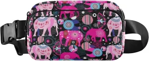 Oyihfvs Seamless Bright Colorful Pink Elephants Leaves Flowers on Dark Adjustable Fanny Waist Pack Pouch, Waterproof Runners Sports Waist Pack Wallet for Sports Hiking Fitness Cycling Gym Women Men