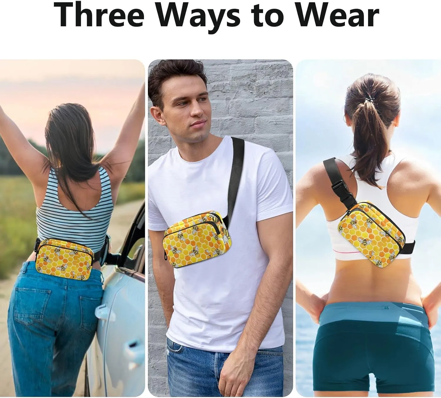 Oyihfvs Seamless Yellow and Orange Honeycombs with Honey Bees Adjustable Fanny Waist Pack Pouch, Waterproof Runners Sports Waist Pack Wallet for Sports Hiking Fitness Cycling Gym Women Men