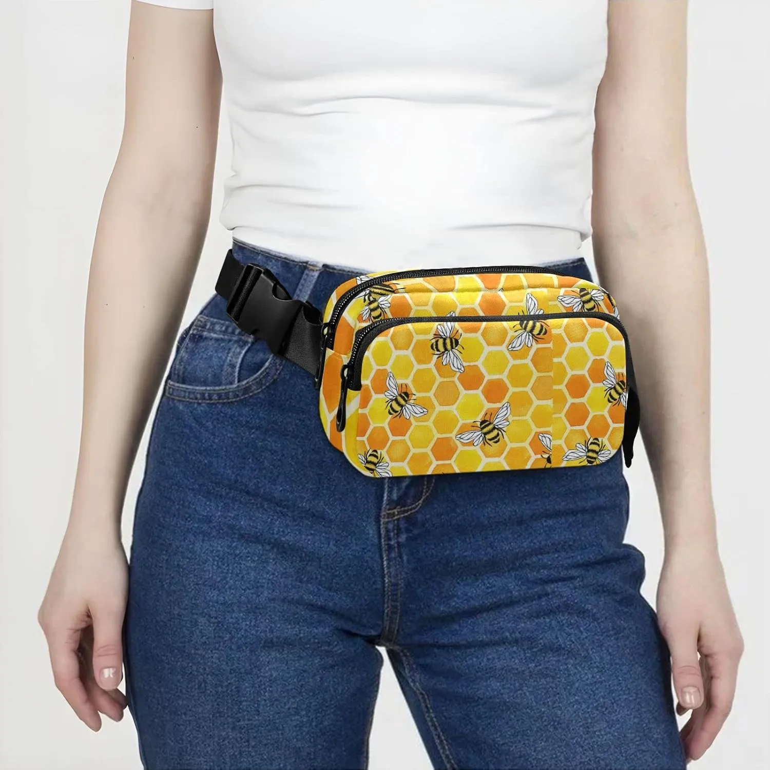 Oyihfvs Seamless Yellow and Orange Honeycombs with Honey Bees Adjustable Fanny Waist Pack Pouch, Waterproof Runners Sports Waist Pack Wallet for Sports Hiking Fitness Cycling Gym Women Men