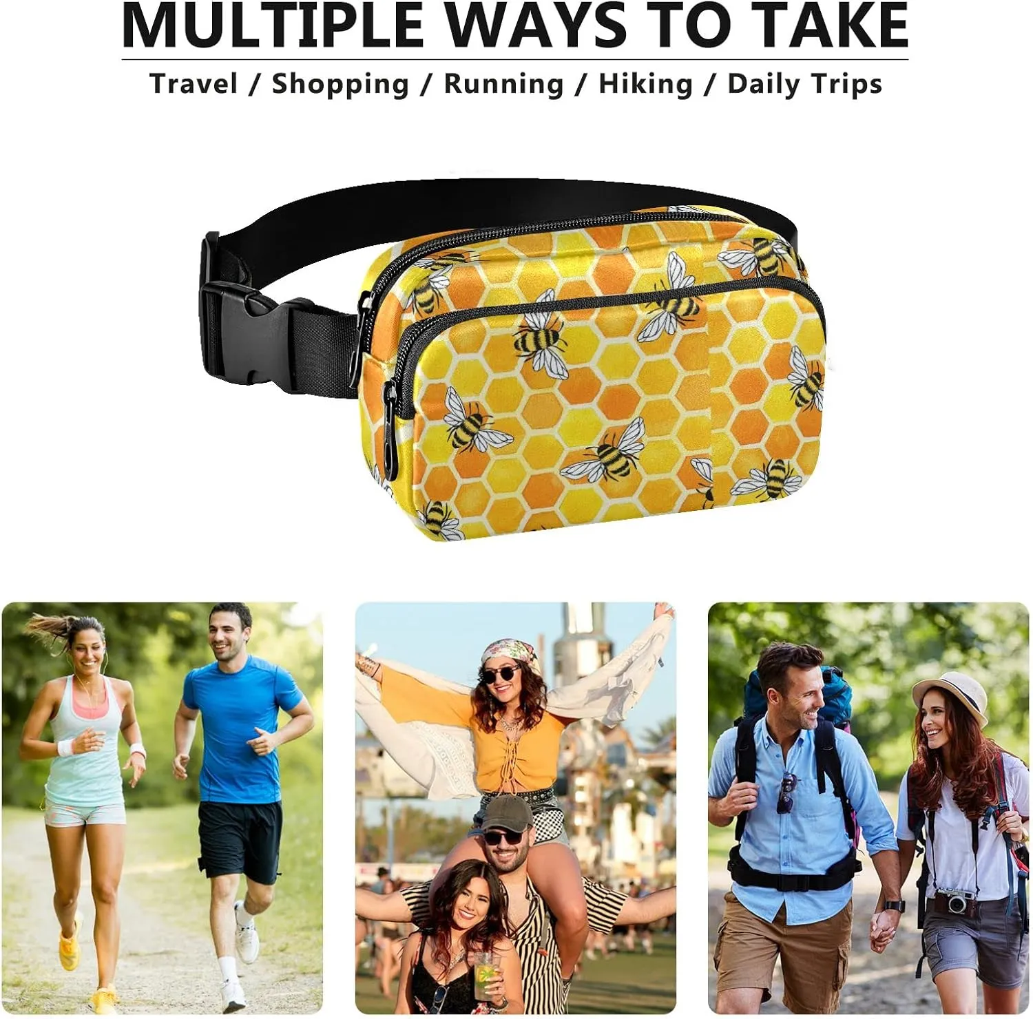 Oyihfvs Seamless Yellow and Orange Honeycombs with Honey Bees Adjustable Fanny Waist Pack Pouch, Waterproof Runners Sports Waist Pack Wallet for Sports Hiking Fitness Cycling Gym Women Men