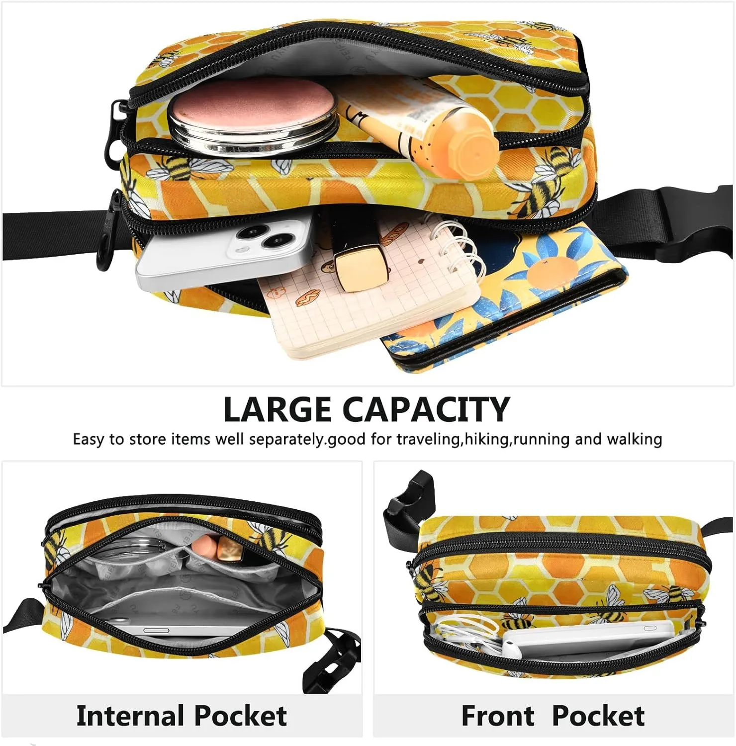 Oyihfvs Seamless Yellow and Orange Honeycombs with Honey Bees Adjustable Fanny Waist Pack Pouch, Waterproof Runners Sports Waist Pack Wallet for Sports Hiking Fitness Cycling Gym Women Men