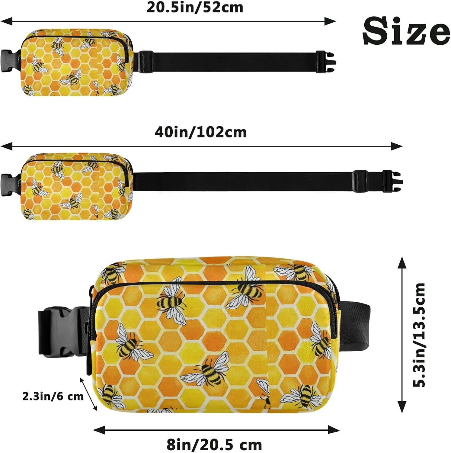 Oyihfvs Seamless Yellow and Orange Honeycombs with Honey Bees Adjustable Fanny Waist Pack Pouch, Waterproof Runners Sports Waist Pack Wallet for Sports Hiking Fitness Cycling Gym Women Men