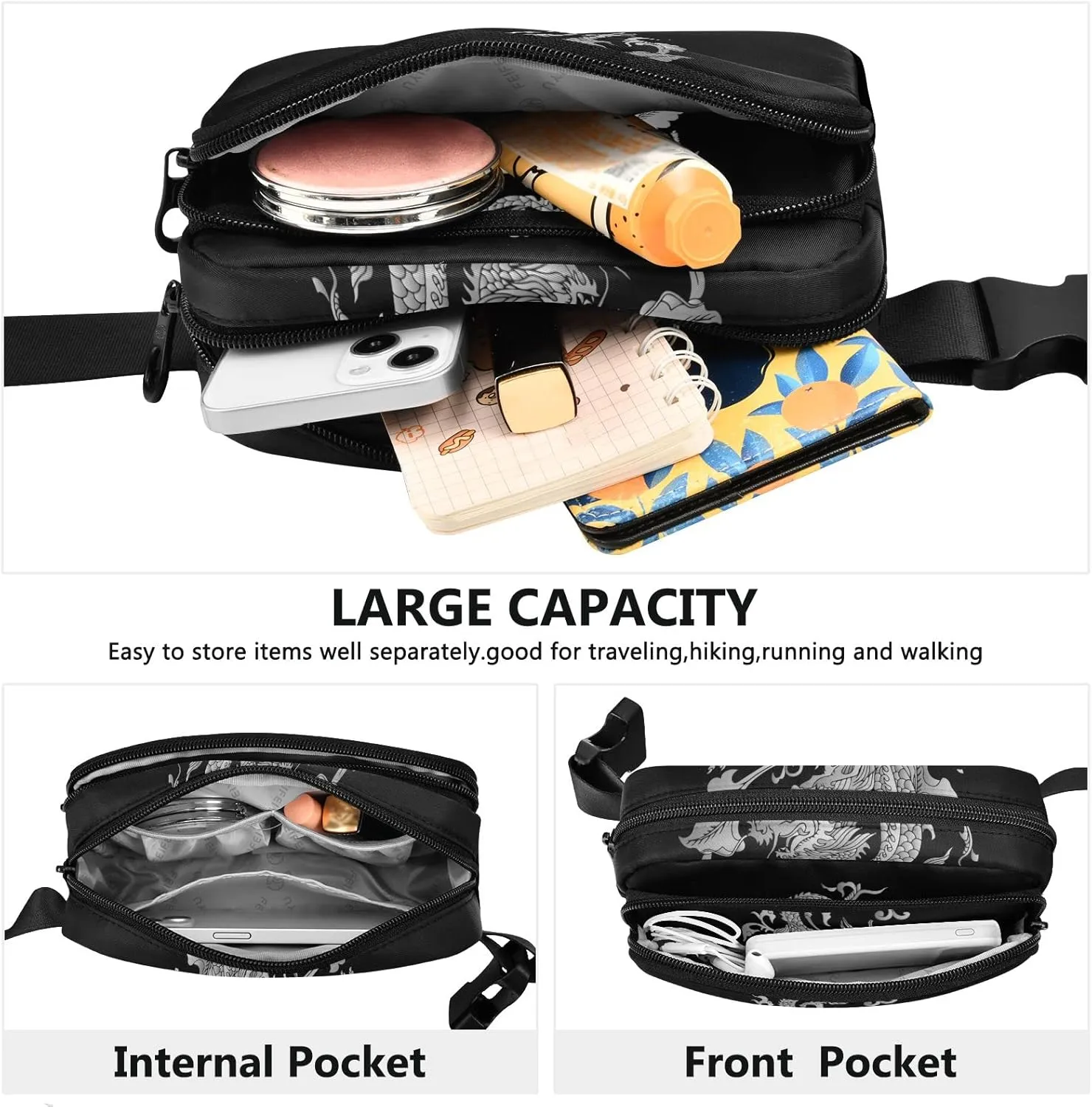 Oyihfvs Traditional Chinese Silver Grey Dragon on Black Dark Adjustable Fanny Waist Pack Pouch, Waterproof Runners Sports Waist Pack Wallet for Sports Hiking Fitness Cycling Gym Women Men