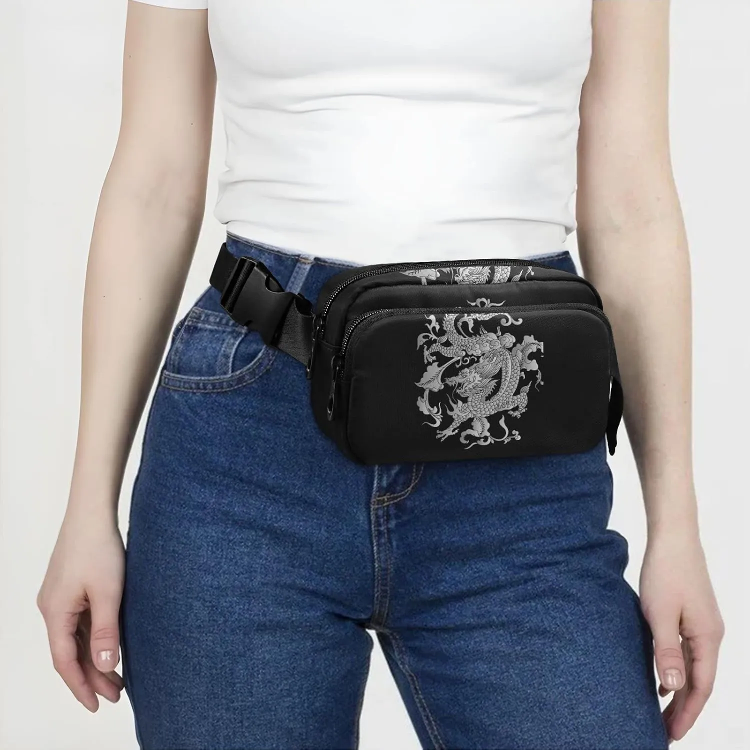 Oyihfvs Traditional Chinese Silver Grey Dragon on Black Dark Adjustable Fanny Waist Pack Pouch, Waterproof Runners Sports Waist Pack Wallet for Sports Hiking Fitness Cycling Gym Women Men