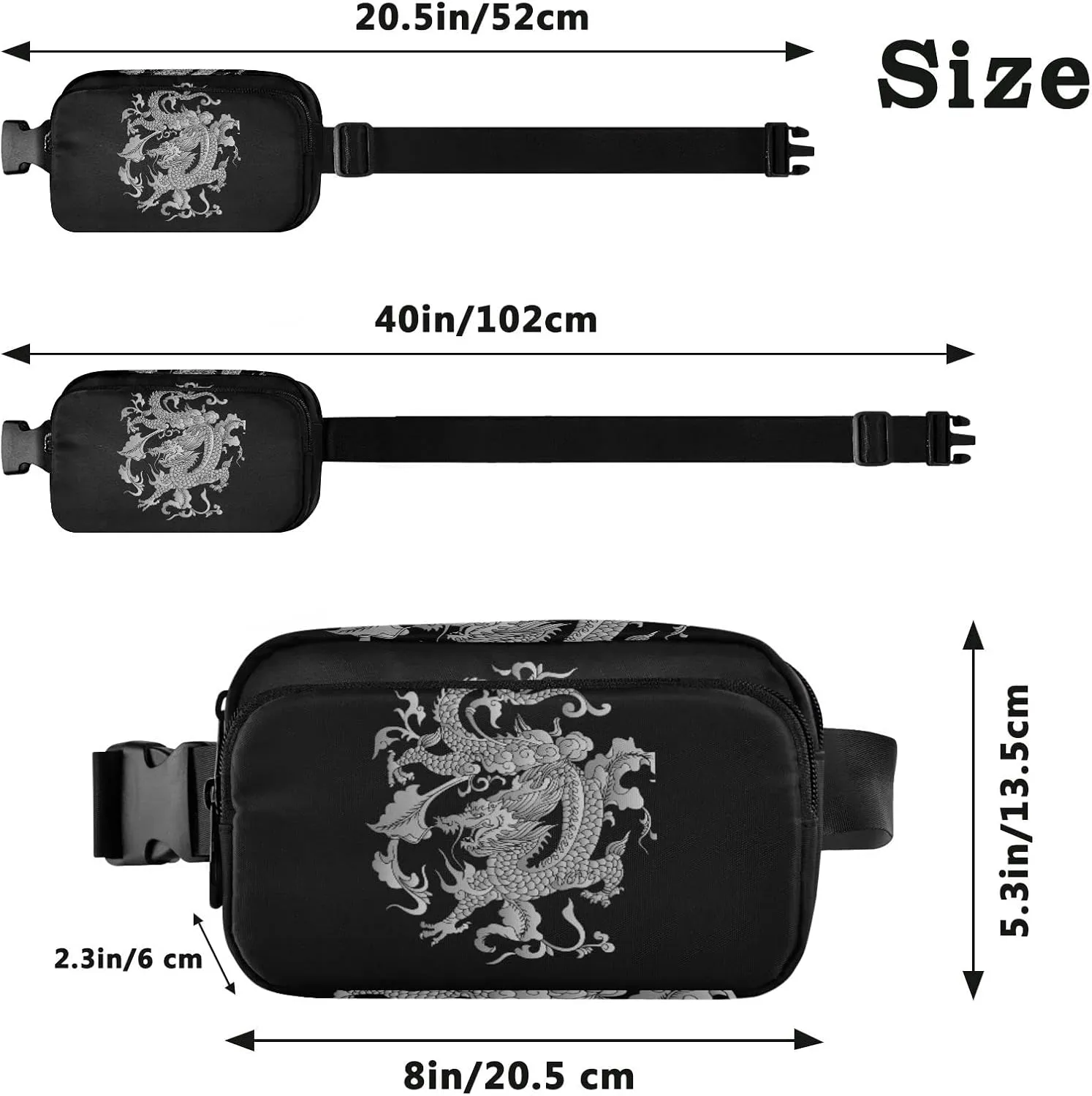 Oyihfvs Traditional Chinese Silver Grey Dragon on Black Dark Adjustable Fanny Waist Pack Pouch, Waterproof Runners Sports Waist Pack Wallet for Sports Hiking Fitness Cycling Gym Women Men