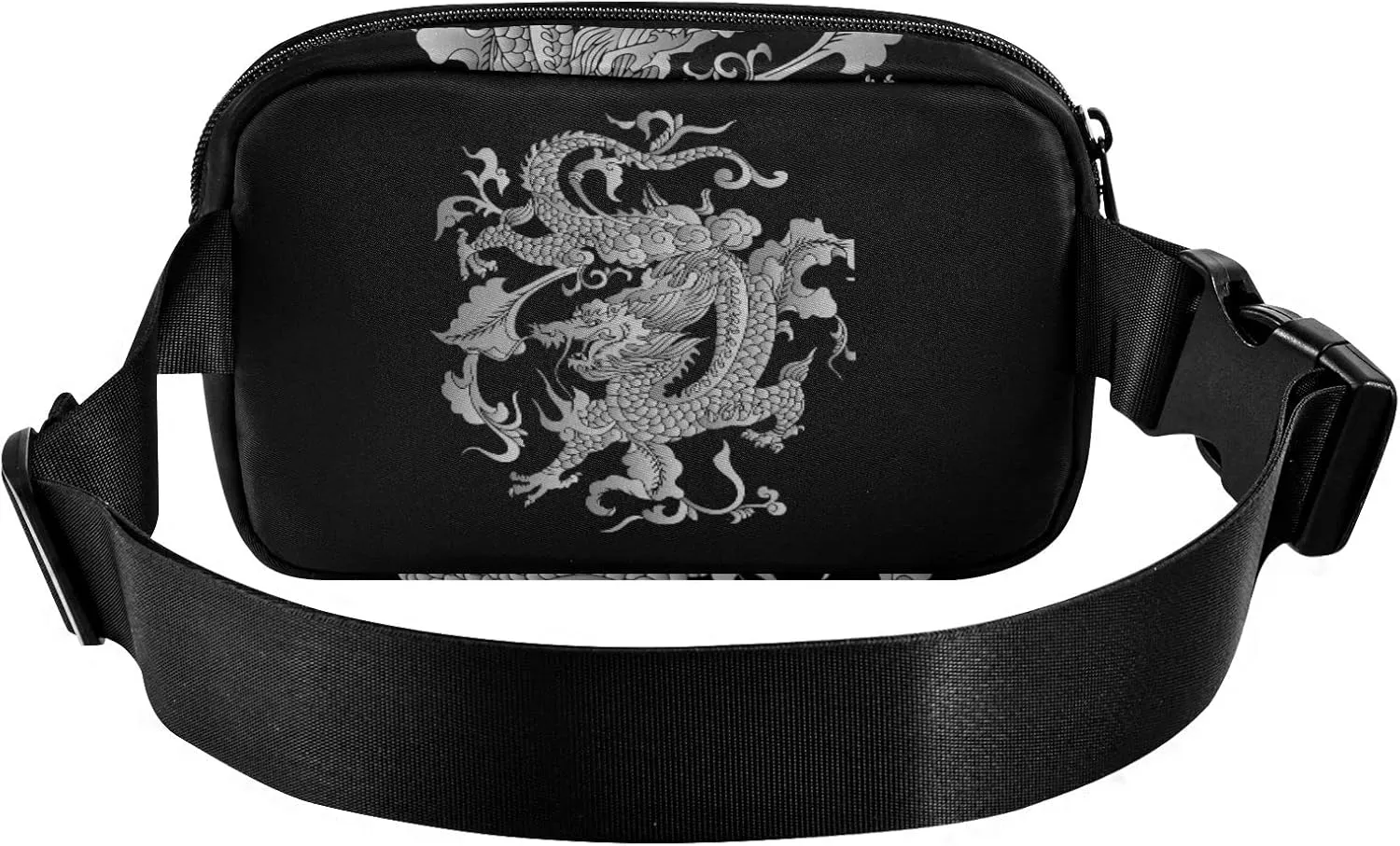 Oyihfvs Traditional Chinese Silver Grey Dragon on Black Dark Adjustable Fanny Waist Pack Pouch, Waterproof Runners Sports Waist Pack Wallet for Sports Hiking Fitness Cycling Gym Women Men