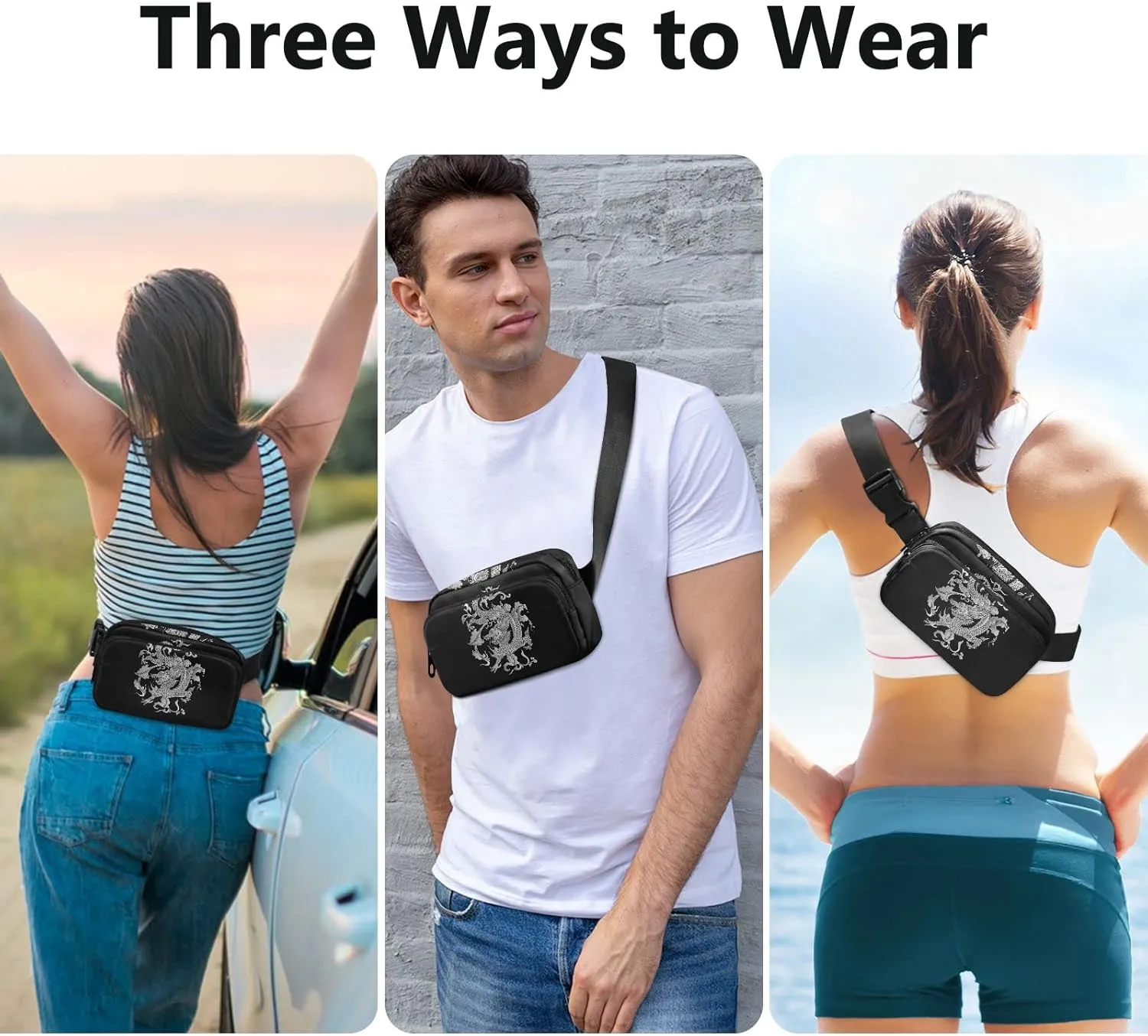 Oyihfvs Traditional Chinese Silver Grey Dragon on Black Dark Adjustable Fanny Waist Pack Pouch, Waterproof Runners Sports Waist Pack Wallet for Sports Hiking Fitness Cycling Gym Women Men