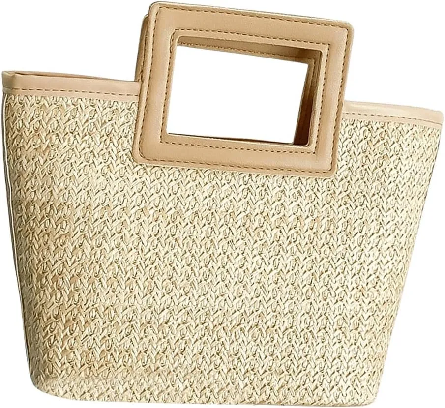 OYOANGLE Women's Double Handle Square Straw Bags Clutch Purses Vacation Summer Beach Bag