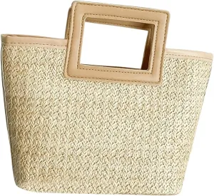 OYOANGLE Women's Double Handle Square Straw Bags Clutch Purses Vacation Summer Beach Bag