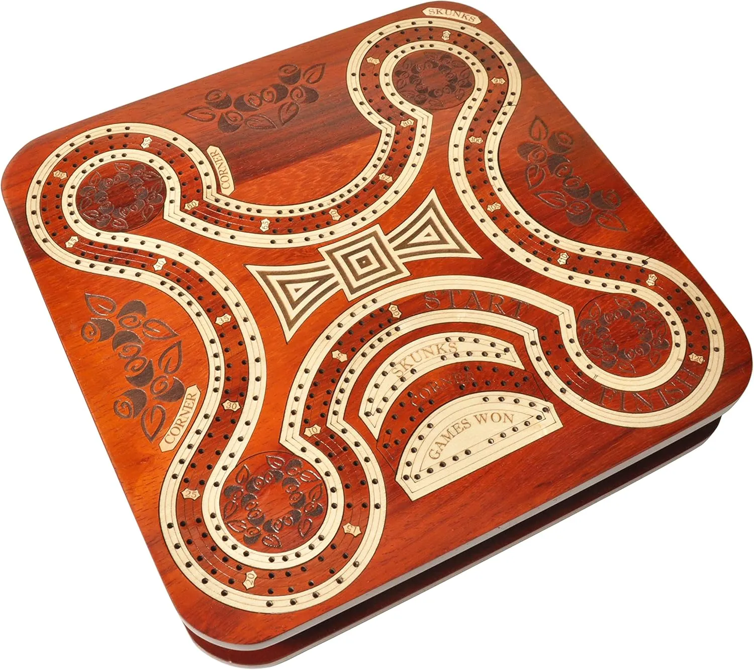 PALM ROYAL HANDICRAFTS Continuous 4 Track Wooden Cribbage Board - Four Player Cribbage - Alphabet X Track Cribbage Board-2 Decks of Cards and pegs Available (11x11 Inches).