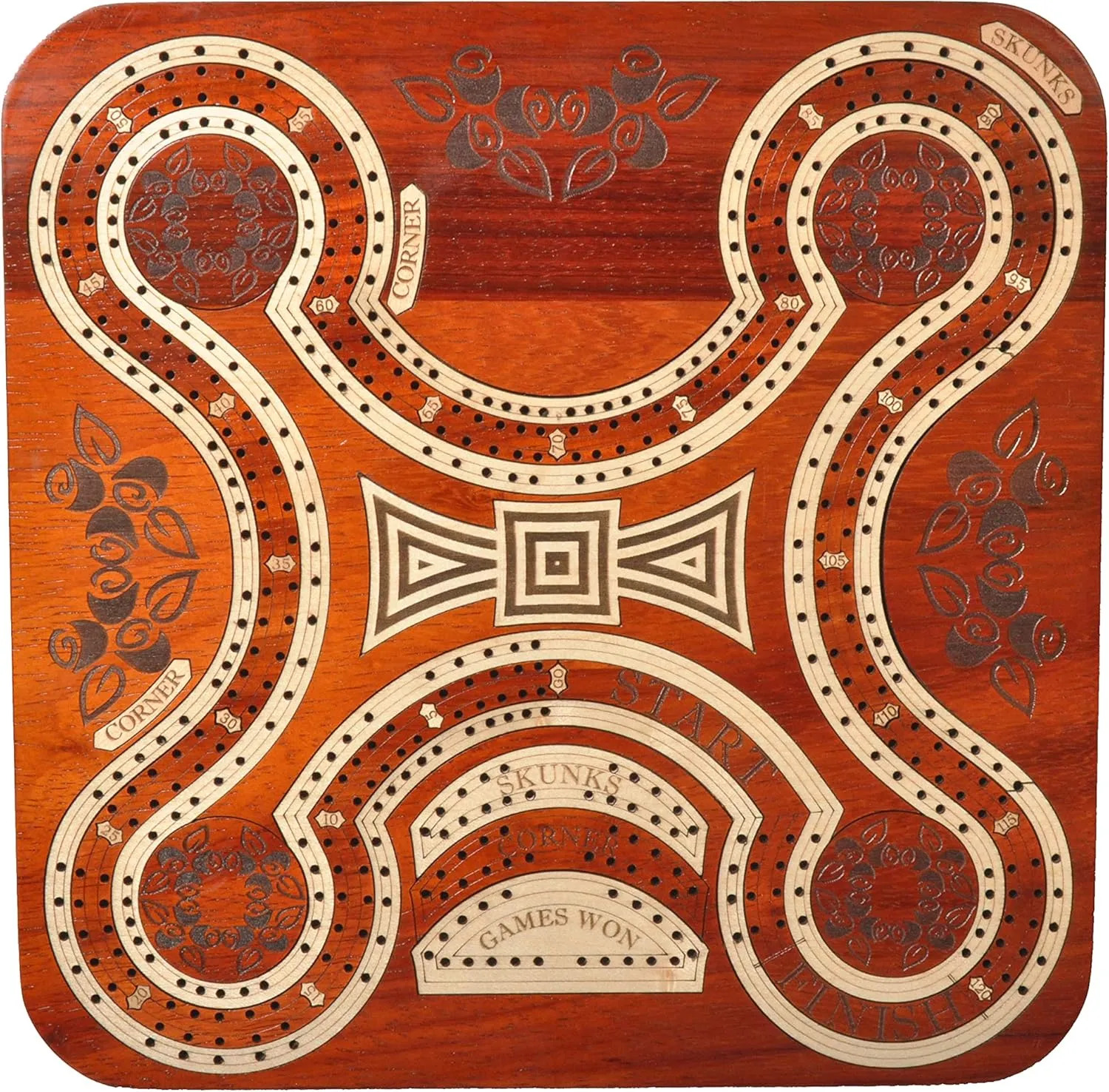 PALM ROYAL HANDICRAFTS Continuous 4 Track Wooden Cribbage Board - Four Player Cribbage - Alphabet X Track Cribbage Board-2 Decks of Cards and pegs Available (11x11 Inches).
