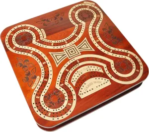 PALM ROYAL HANDICRAFTS Continuous 4 Track Wooden Cribbage Board - Four Player Cribbage - Alphabet X Track Cribbage Board-2 Decks of Cards and pegs Available (11x11 Inches).