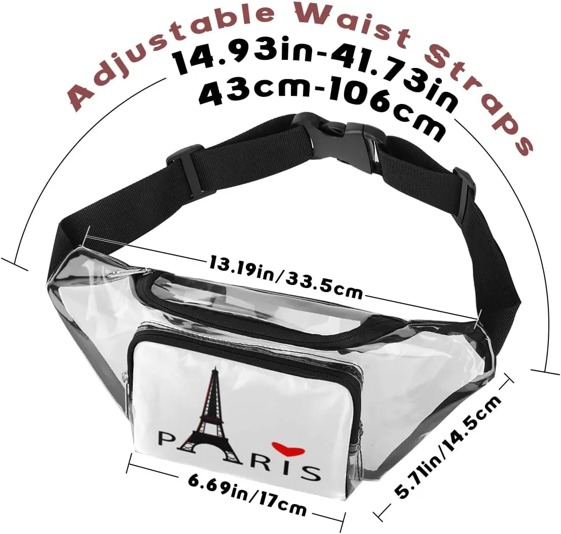 Paris Eiffel Tower Clear Fanny Pack Stadium Approved Clear Crossbody Belt Bag for Women Men Transparent Waist Bag with Adjustable Strap for Concerts Sports Events Travel
