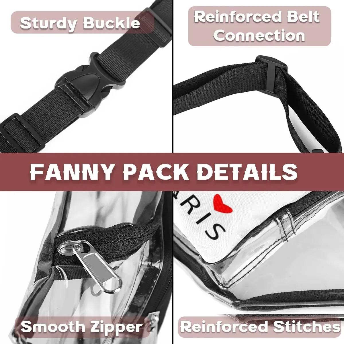 Paris Eiffel Tower Clear Fanny Pack Stadium Approved Clear Crossbody Belt Bag for Women Men Transparent Waist Bag with Adjustable Strap for Concerts Sports Events Travel