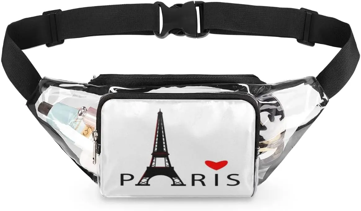Paris Eiffel Tower Clear Fanny Pack Stadium Approved Clear Crossbody Belt Bag for Women Men Transparent Waist Bag with Adjustable Strap for Concerts Sports Events Travel