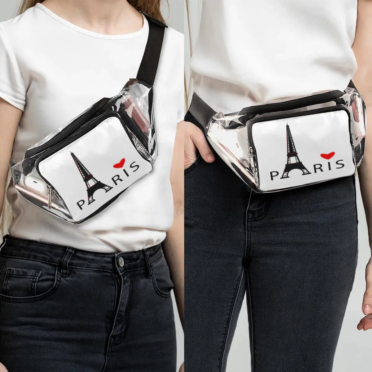 Paris Eiffel Tower Clear Fanny Pack Stadium Approved Clear Crossbody Belt Bag for Women Men Transparent Waist Bag with Adjustable Strap for Concerts Sports Events Travel