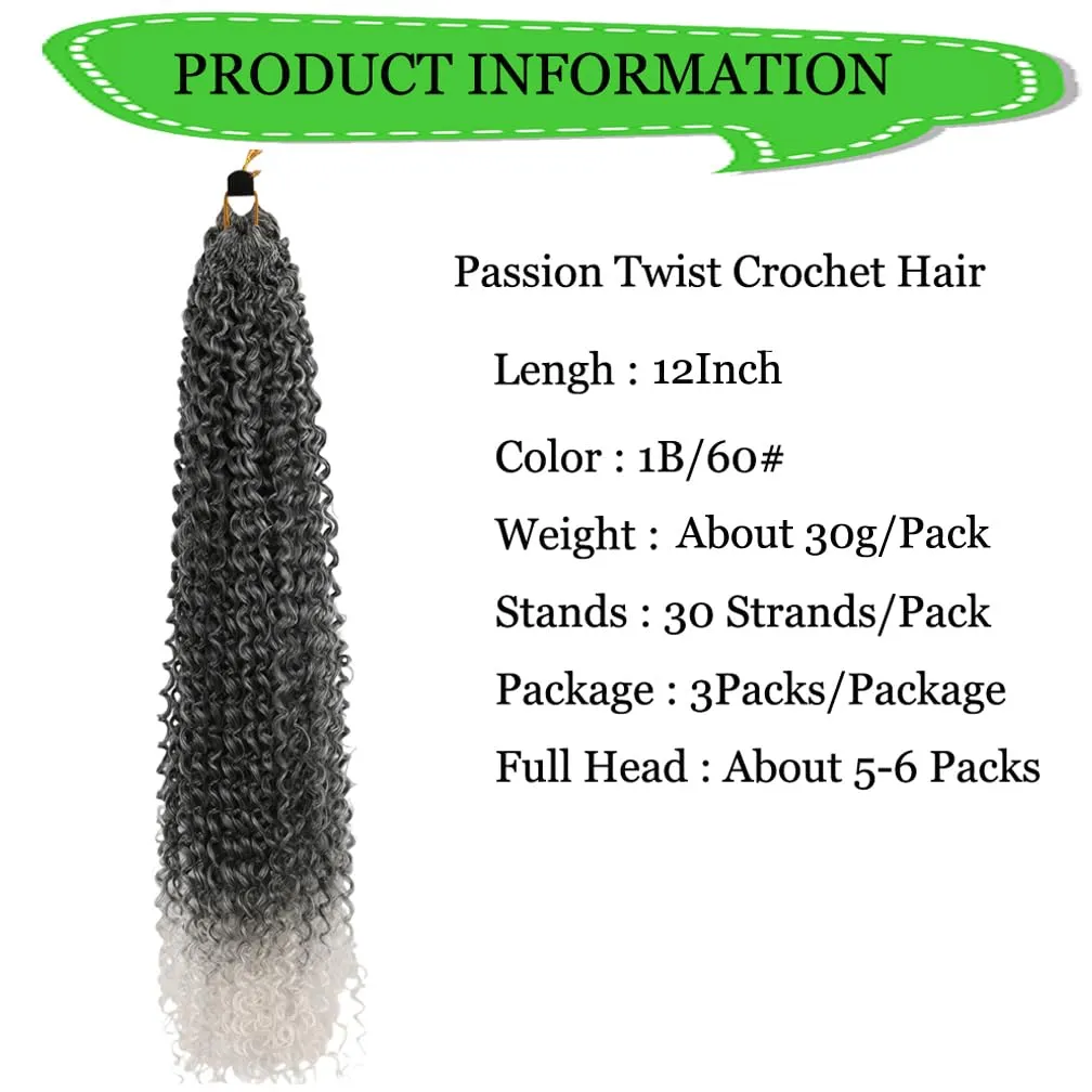 Passion Twist Hair Extensions Black to White Curly Crochet Hair 12 Inch Short Curly Braiding Hair 3 Packs Ombre Crochet Braids with Curls for Black Women(12",1B60)