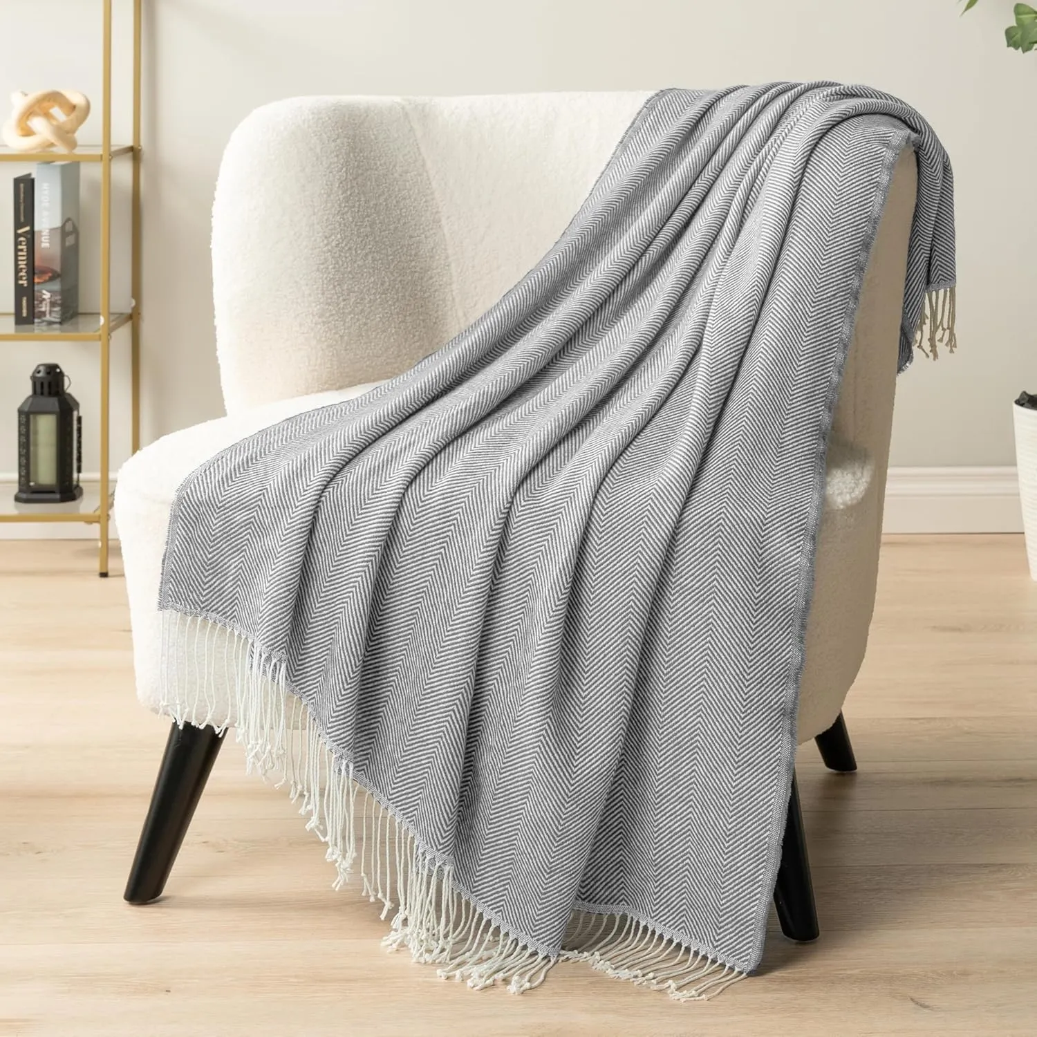 Pavilia Light Gray Herringbone Throw for Couch, Decorative Outdoor Accent Blanket, Faux Cashmere, 50x60
