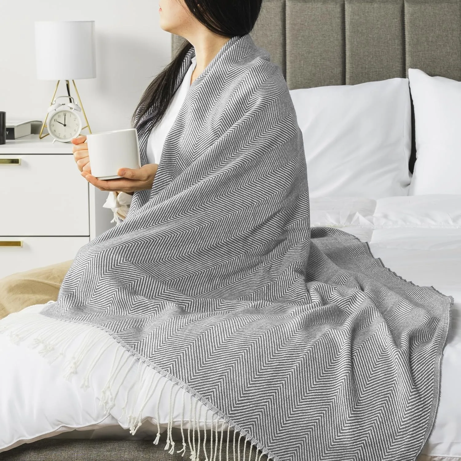 Pavilia Light Gray Herringbone Throw for Couch, Decorative Outdoor Accent Blanket, Faux Cashmere, 50x60
