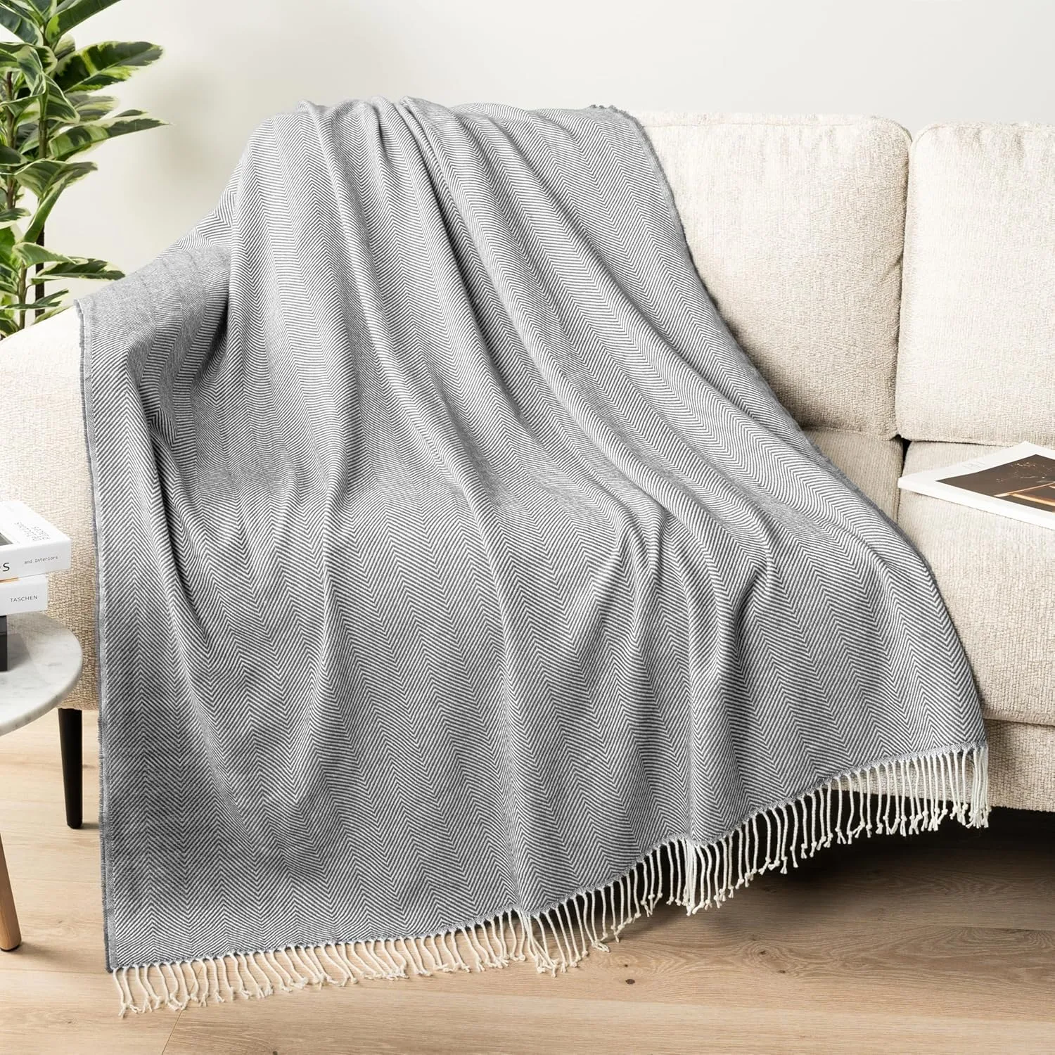 Pavilia Light Gray Herringbone Throw for Couch, Decorative Outdoor Accent Blanket, Faux Cashmere, 50x60