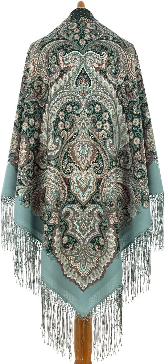 Pavlovo Posad Russian Shawl 100% Wool 58x58 Pashmina Scarf 148x148 cm Huge Wrap silk tassels fringe 1963-9