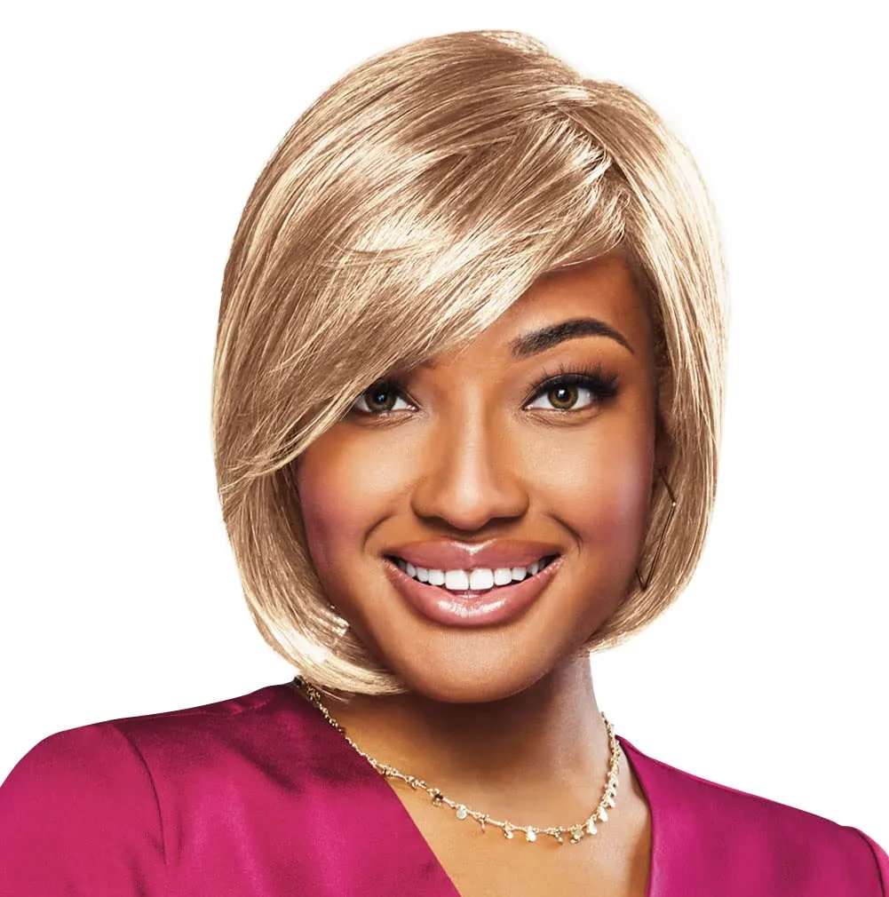 Peace Chin-Length Chic Layered Side Swept Wig by Hairuwear, Average Size Cap, Brown Grey