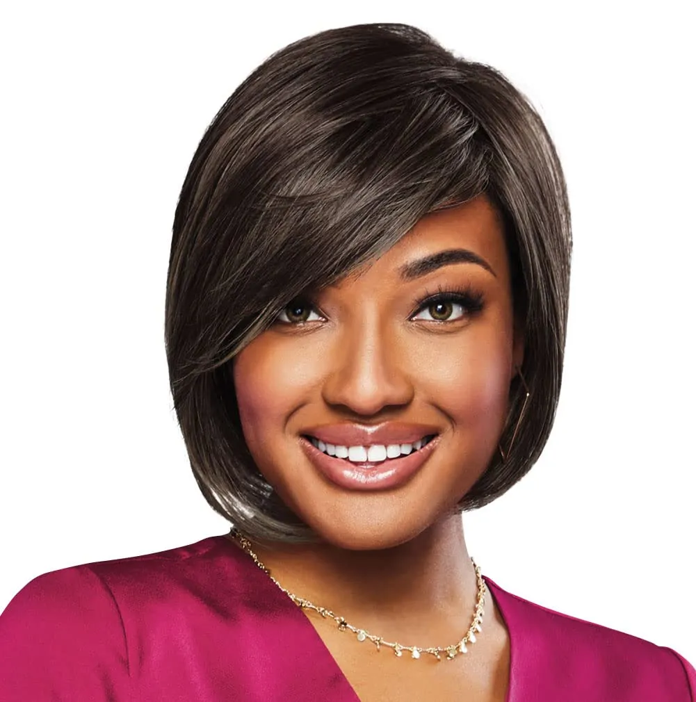 Peace Chin-Length Chic Layered Side Swept Wig by Hairuwear, Average Size Cap, Dark Brown
