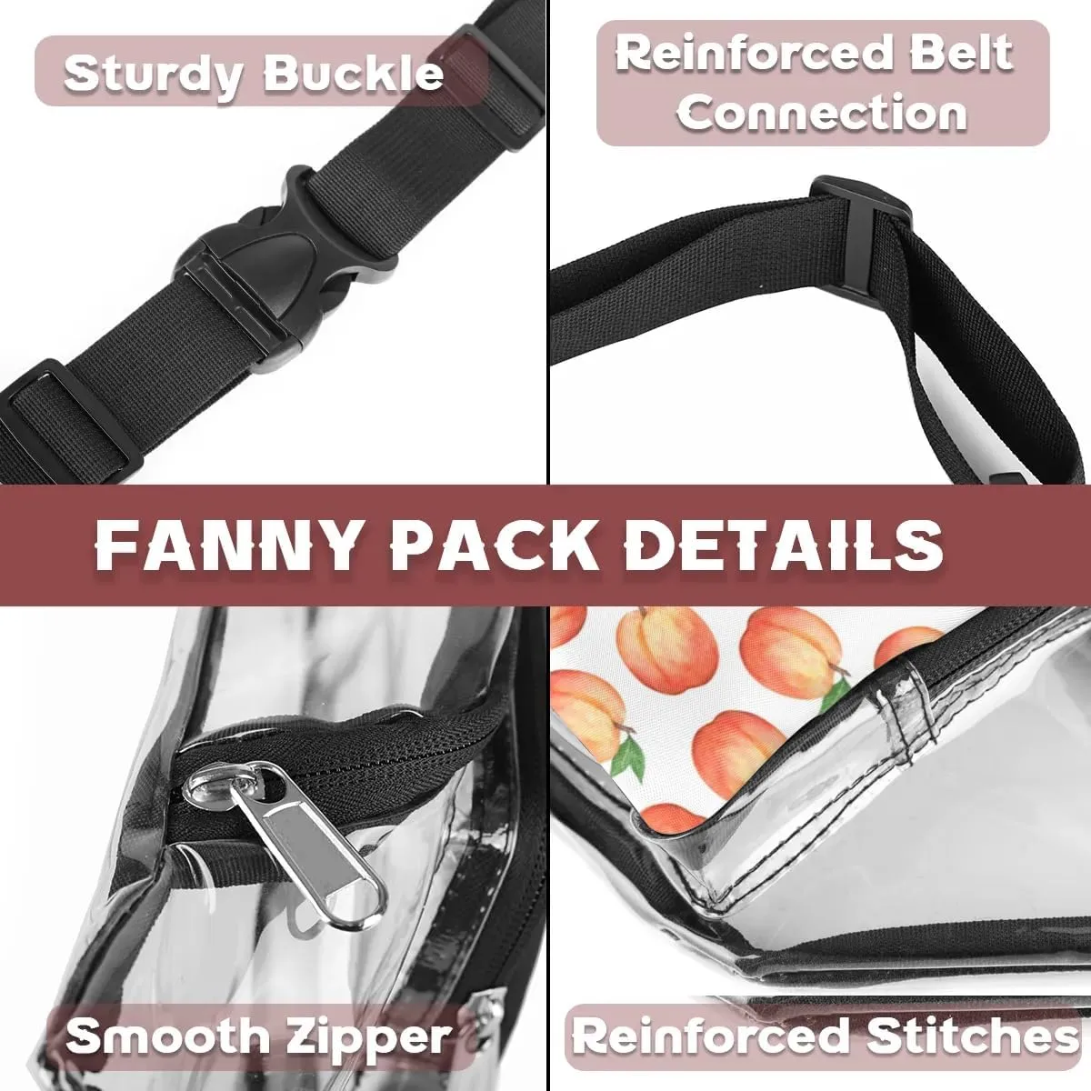 Peach Clear Fanny Pack Stadium Approved Clear Crossbody Belt Bag for Women Men Transparent Waist Bag with Adjustable Strap for Concerts Sports Events Travel