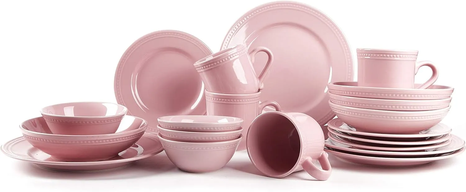 Pearl Dots Stoneware Dinnerware Set (20pc Set, Pink)