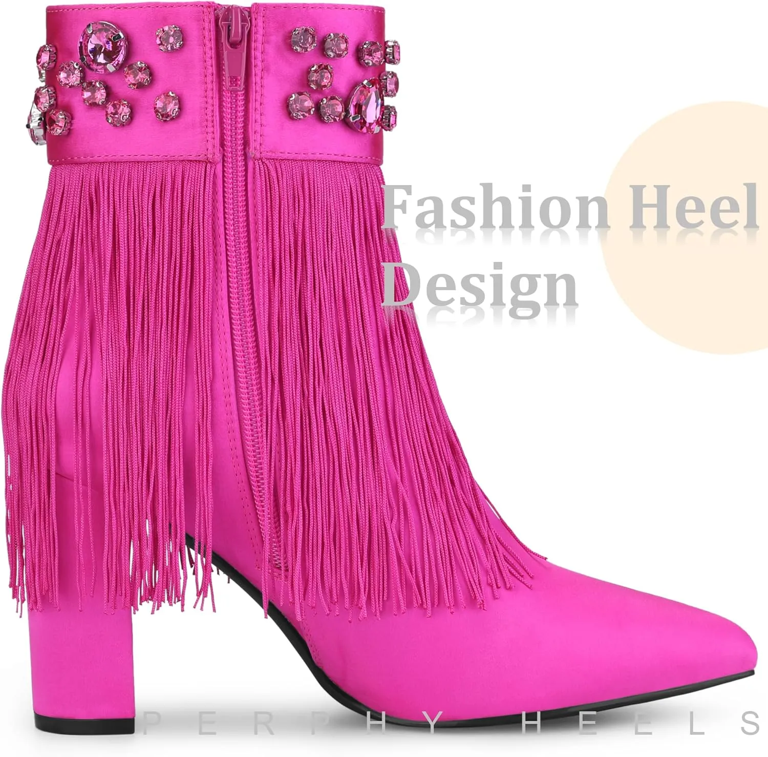 Perphy Pointed Toe Fringe Rhinestone Chunky Heel Ankle Boots for Women