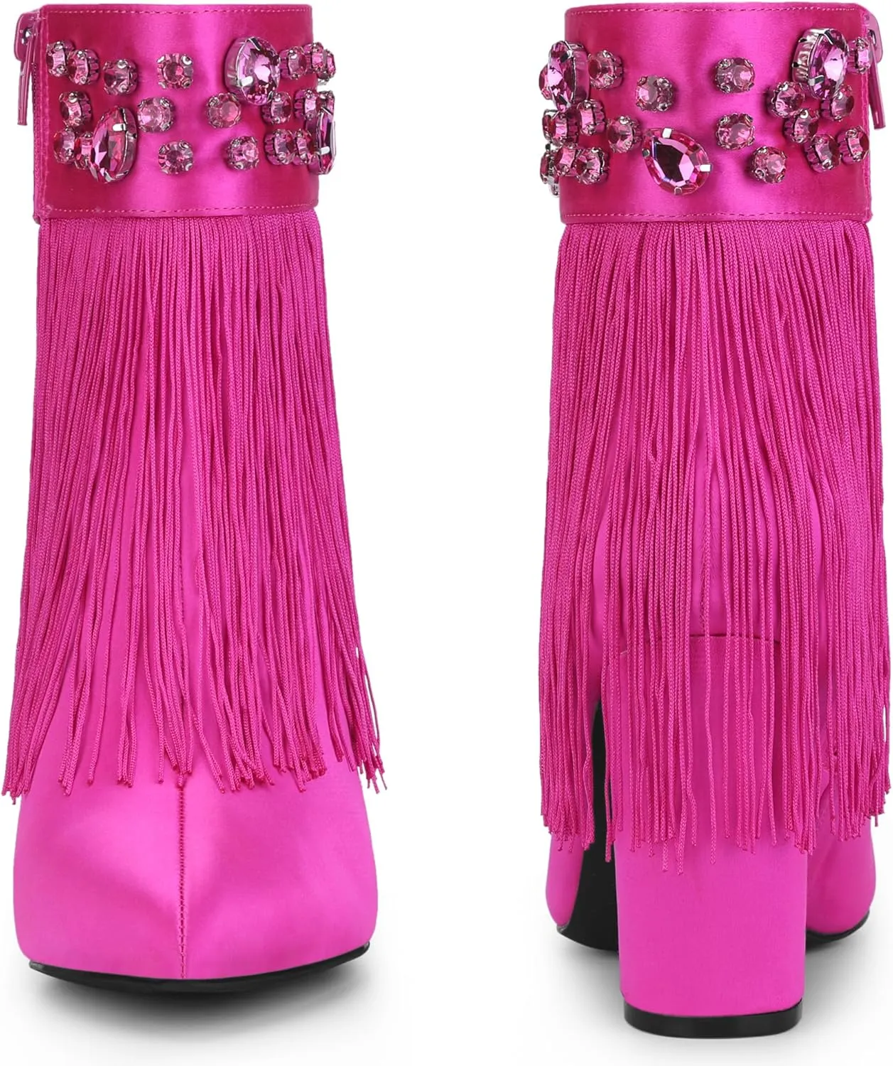 Perphy Pointed Toe Fringe Rhinestone Chunky Heel Ankle Boots for Women