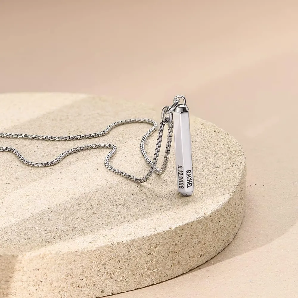 Personalized 3D Engraved Hexagon Bar Necklace with Diamonds Option for Men, Him, Dad in Stainless Steel