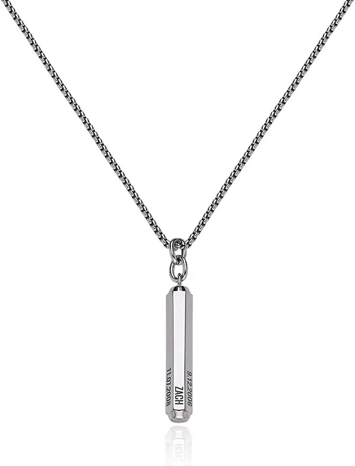 Personalized 3D Engraved Hexagon Bar Necklace with Diamonds Option for Men, Him, Dad in Stainless Steel