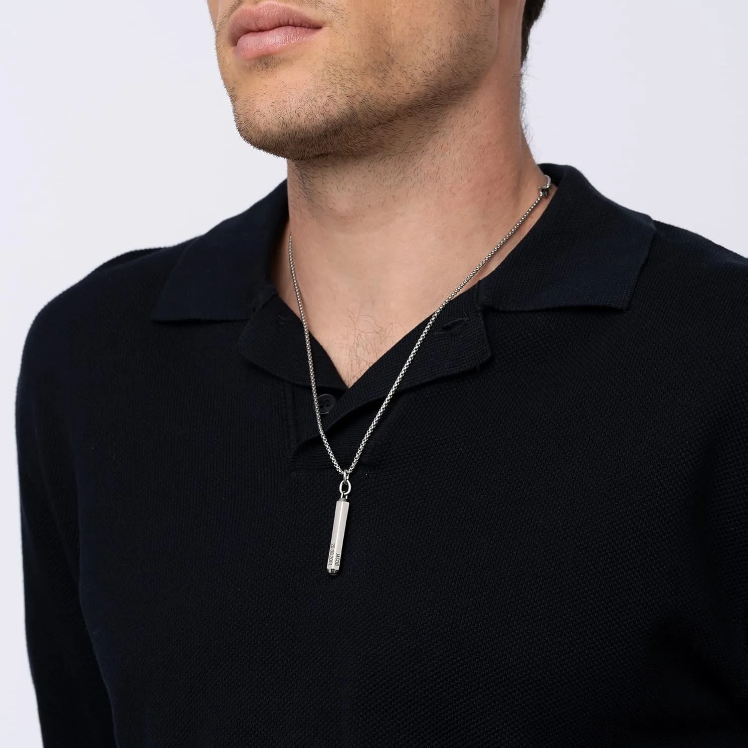 Personalized 3D Engraved Hexagon Bar Necklace with Diamonds Option for Men, Him, Dad in Stainless Steel