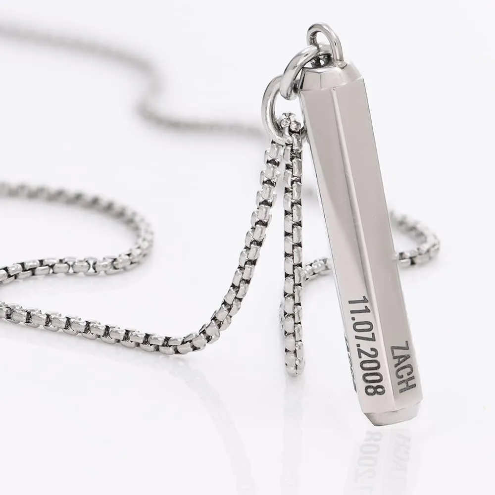 Personalized 3D Engraved Hexagon Bar Necklace with Diamonds Option for Men, Him, Dad in Stainless Steel