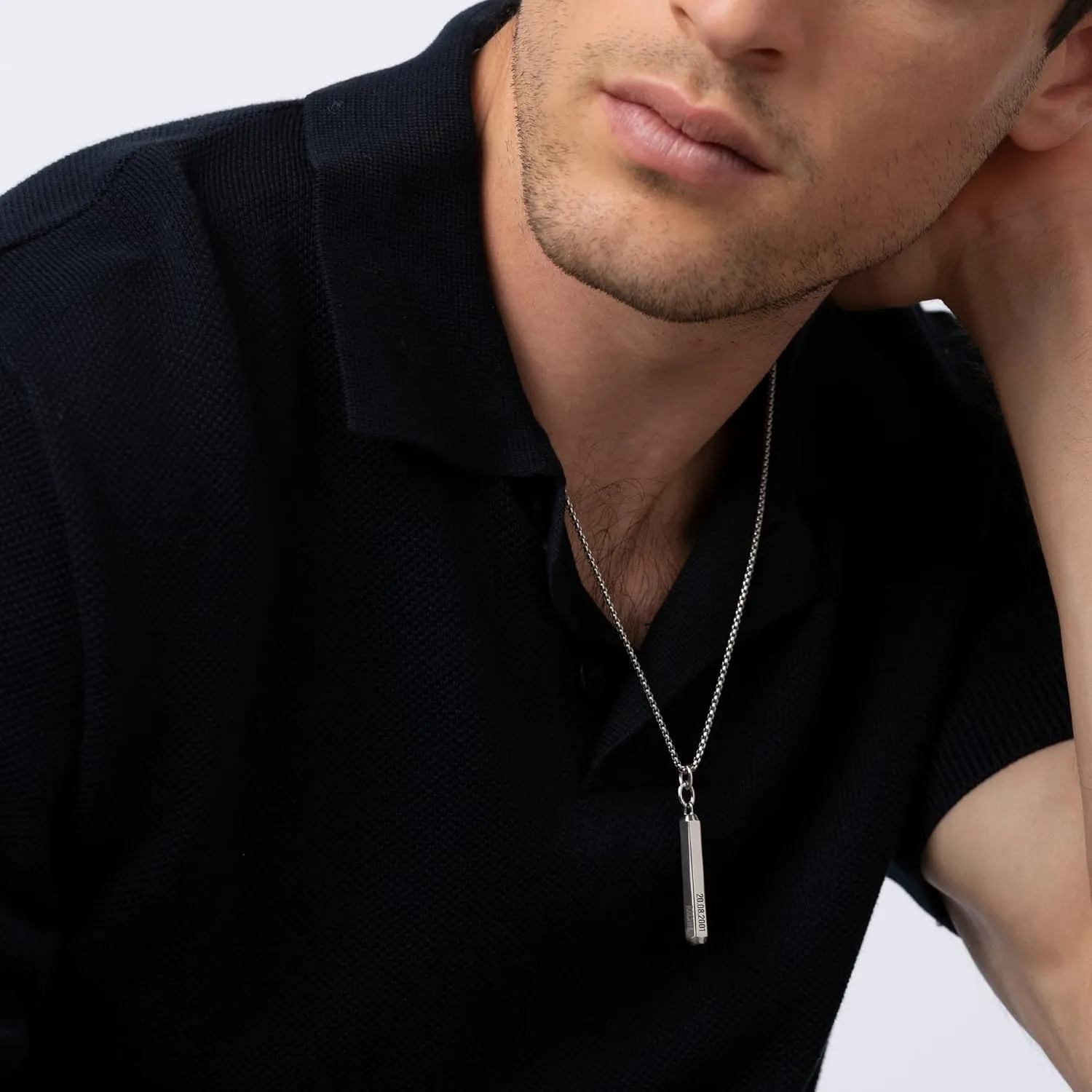 Personalized 3D Engraved Hexagon Bar Necklace with Diamonds Option for Men, Him, Dad in Stainless Steel