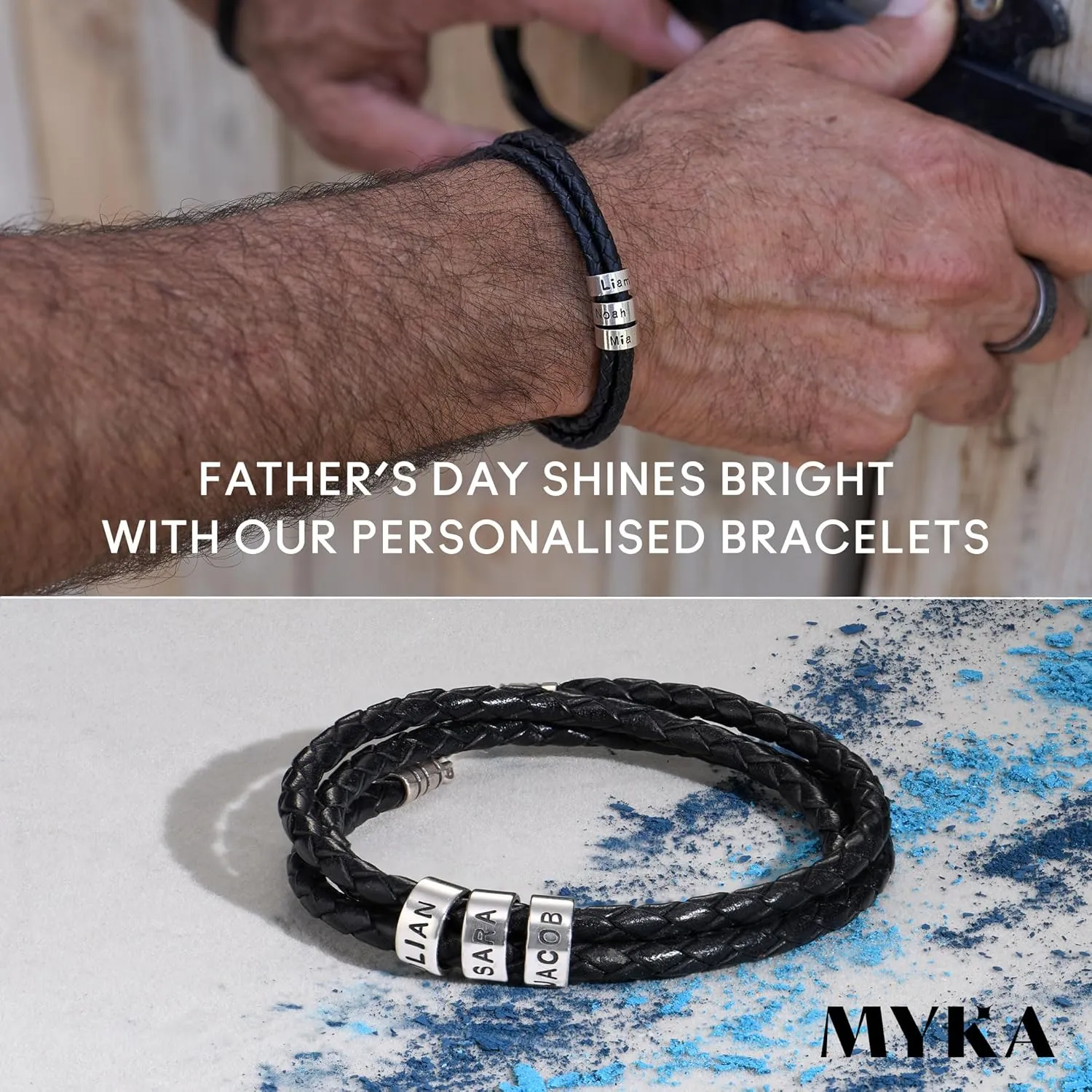 Personalized Braided Leather Bracelet with Silver or Gold Beads for Him, Men - Custom Gift for Father's Day - Genuine Leather - Engraved Sterling Silver or 14K Solid Gold Beads - By MYKA