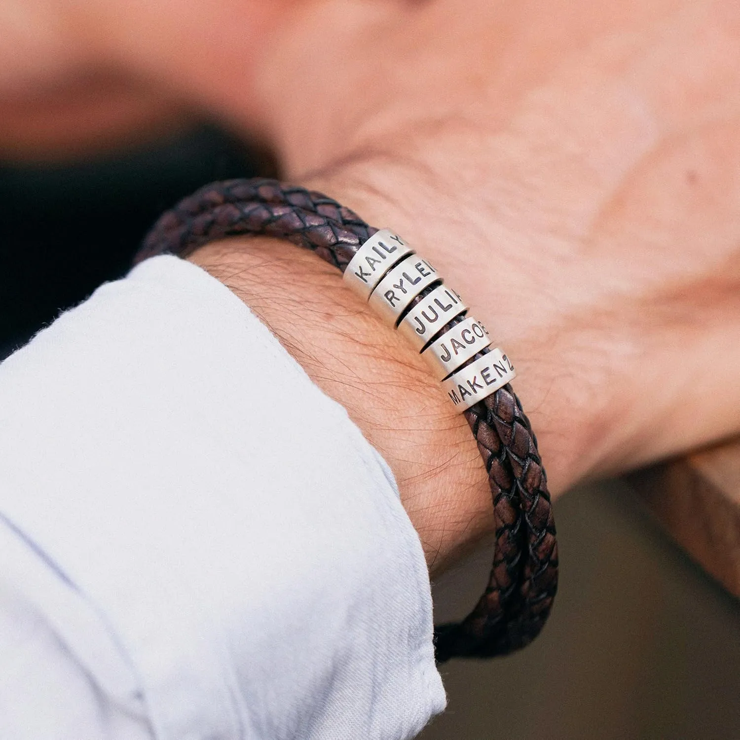 Personalized Braided Leather Bracelet with Silver or Gold Beads for Him, Men - Custom Gift for Father's Day - Genuine Leather - Engraved Sterling Silver or 14K Solid Gold Beads - By MYKA