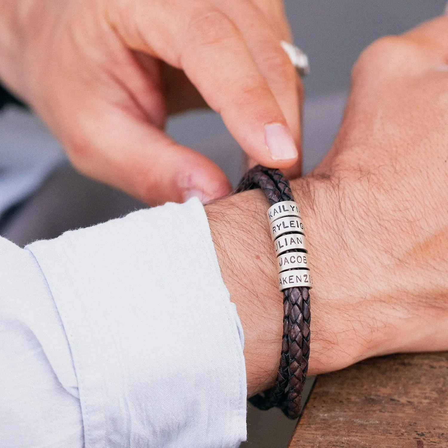 Personalized Braided Leather Bracelet with Silver or Gold Beads for Him, Men - Custom Gift for Father's Day - Genuine Leather - Engraved Sterling Silver or 14K Solid Gold Beads - By MYKA