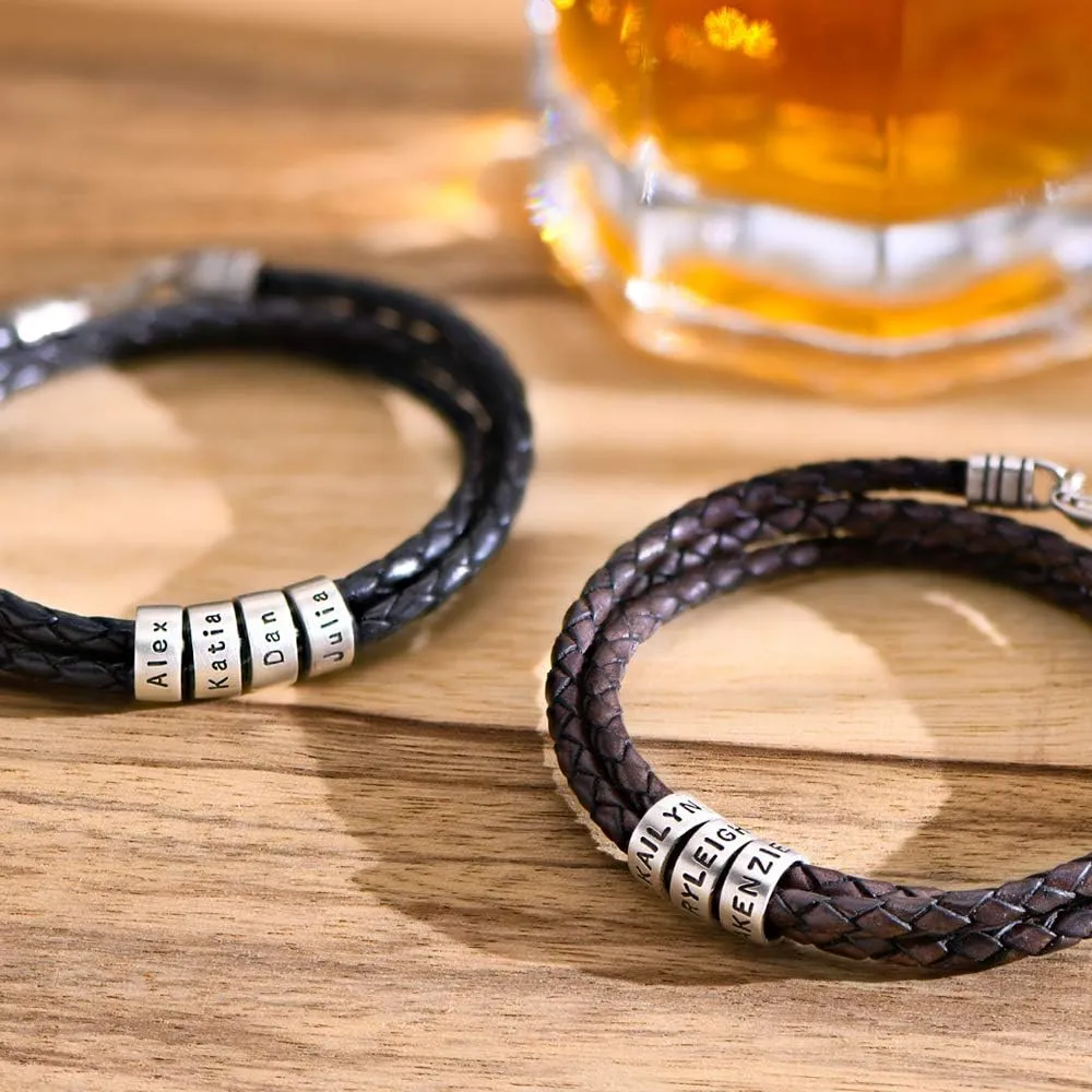 Personalized Braided Leather Bracelet with Silver or Gold Beads for Him, Men - Custom Gift for Father's Day - Genuine Leather - Engraved Sterling Silver or 14K Solid Gold Beads - By MYKA