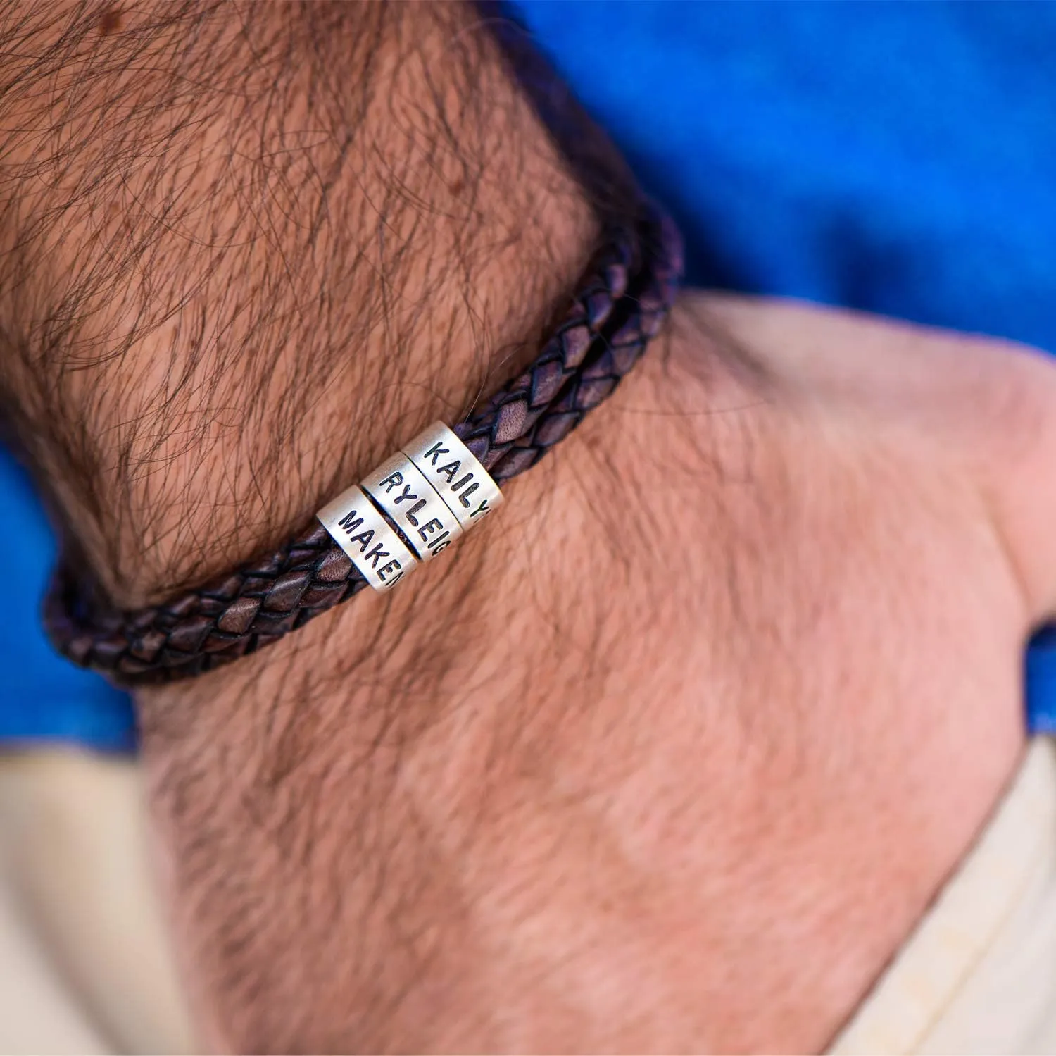 Personalized Braided Leather Bracelet with Silver or Gold Beads for Him, Men - Custom Gift for Father's Day - Genuine Leather - Engraved Sterling Silver or 14K Solid Gold Beads - By MYKA