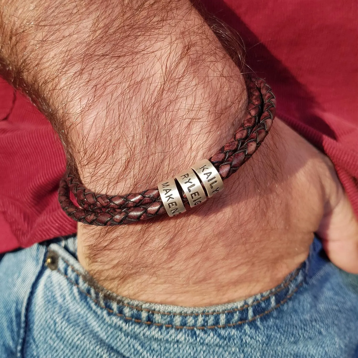 Personalized Braided Leather Bracelet with Silver or Gold Beads for Him, Men - Custom Gift for Father's Day - Genuine Leather - Engraved Sterling Silver or 14K Solid Gold Beads - By MYKA
