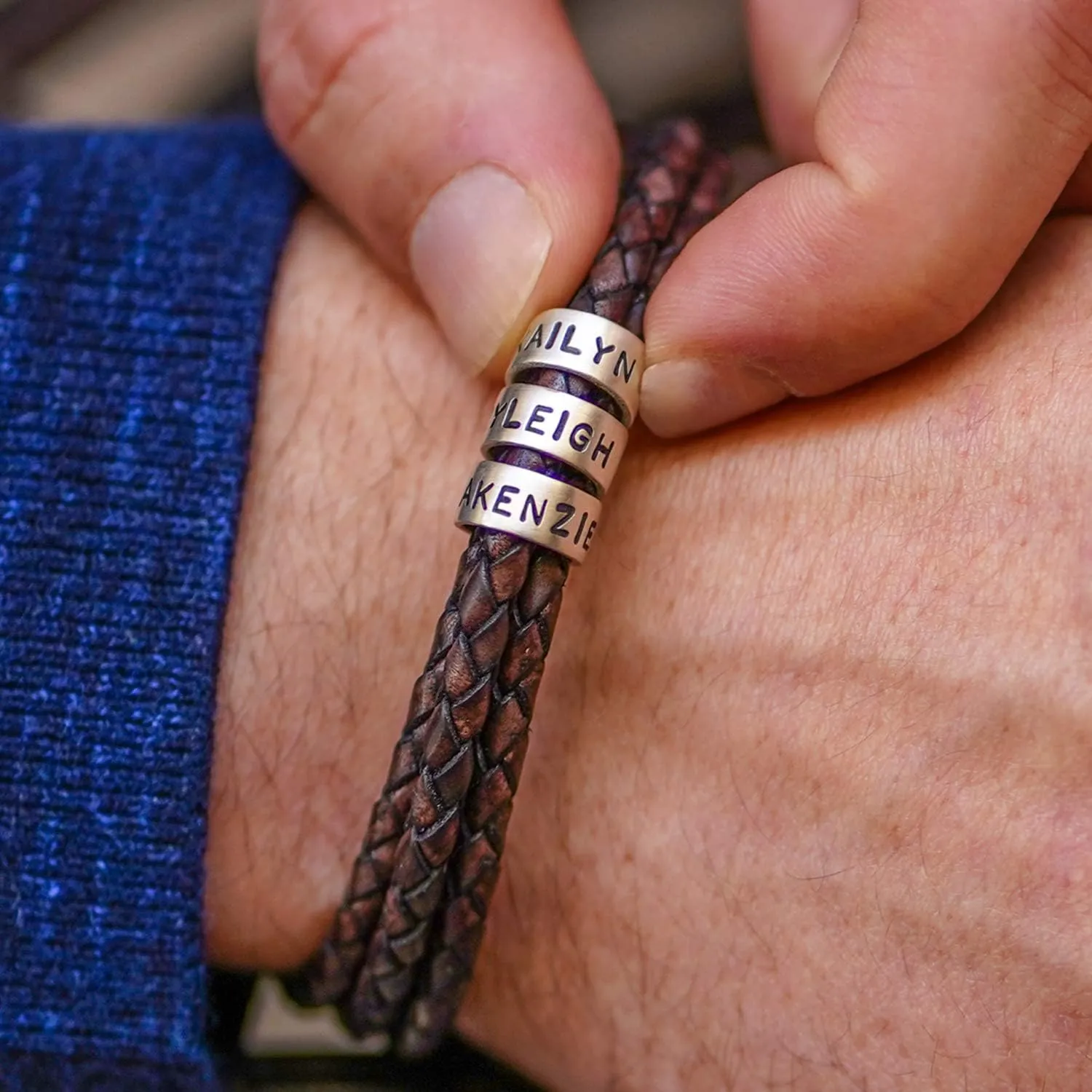 Personalized Braided Leather Bracelet with Silver or Gold Beads for Him, Men - Custom Gift for Father's Day - Genuine Leather - Engraved Sterling Silver or 14K Solid Gold Beads - By MYKA